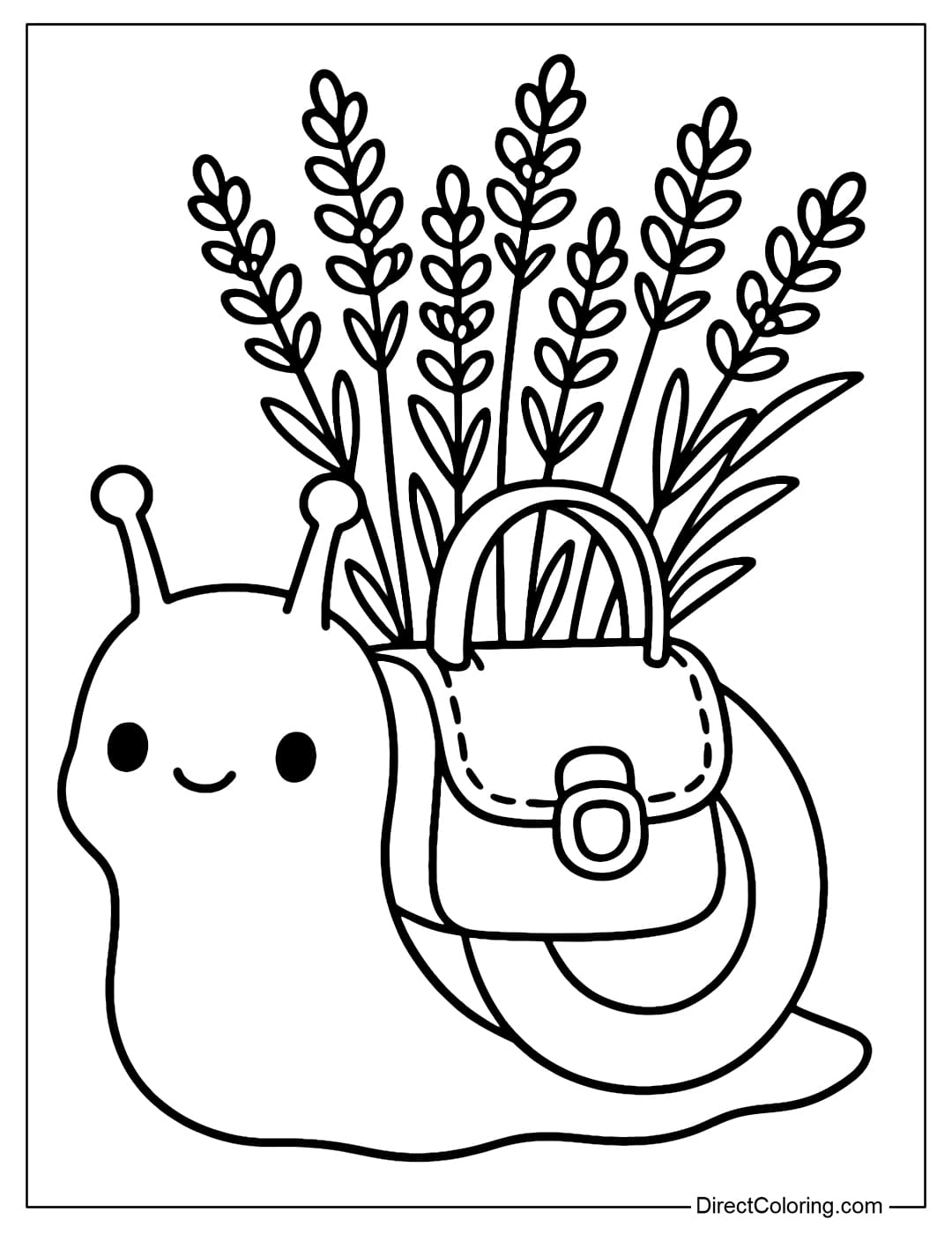 Coloring page Snail carrying a shell like a handbag, on top filled with lavender flowers.