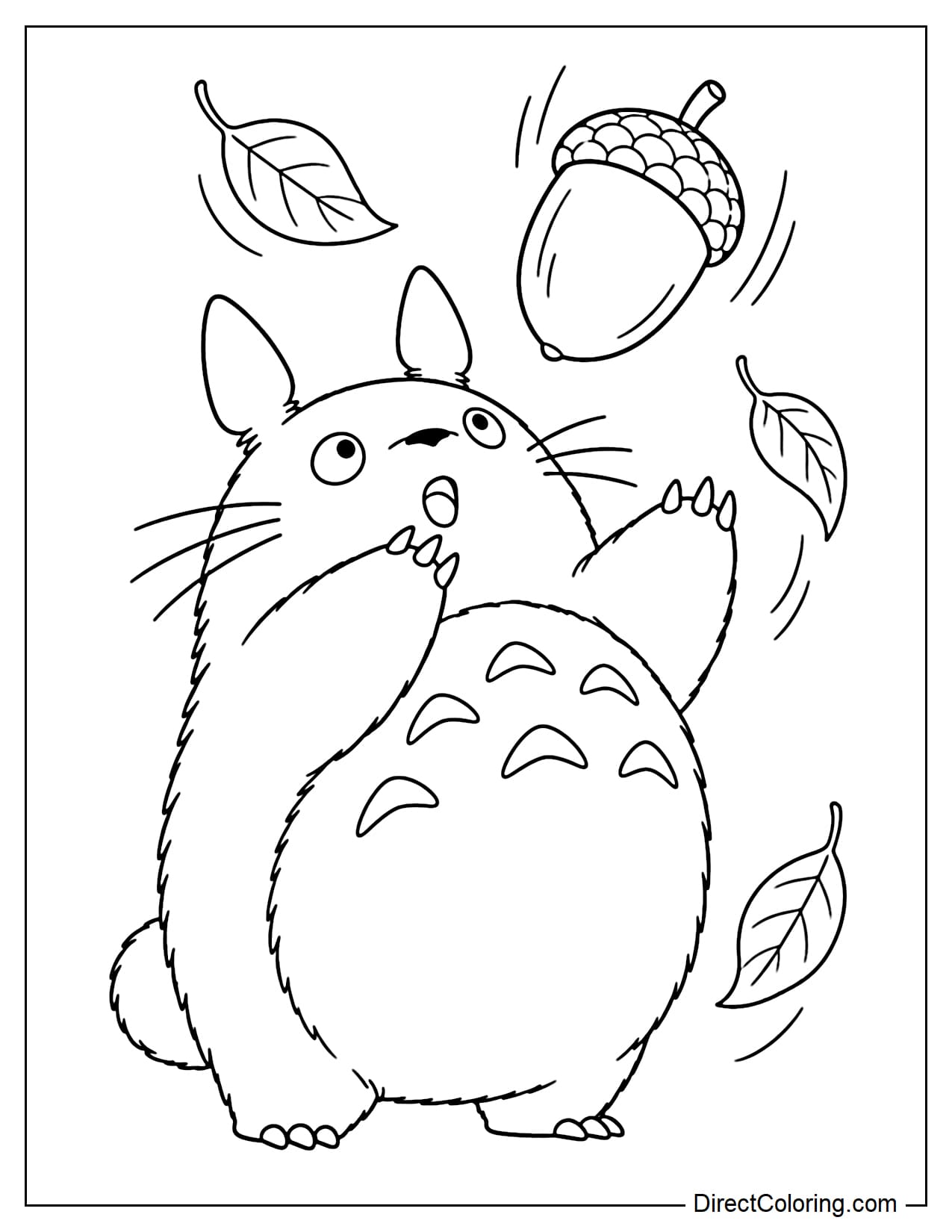 Totoro leans slightly backward with both hands reaching forward to catch a large acorn falling from above.