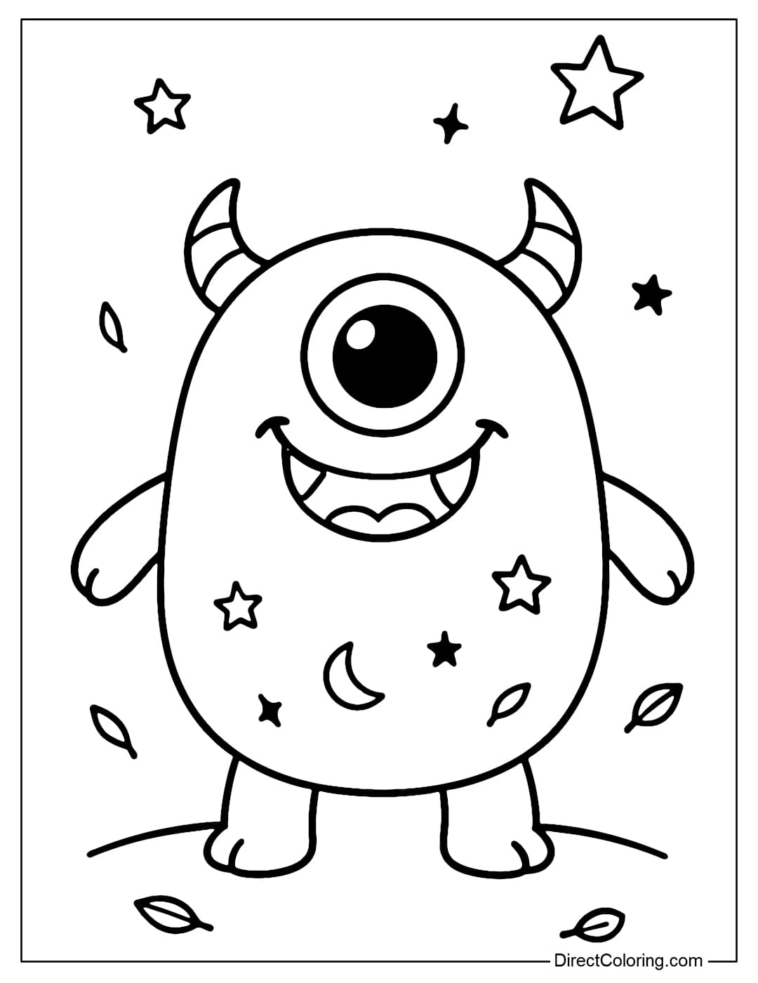 A coloring page of a fat, round monster with only one big eye in the middle of its forehead, two horns growing on its head, a wide mouth smiling with two sharp teeth but looking funny.