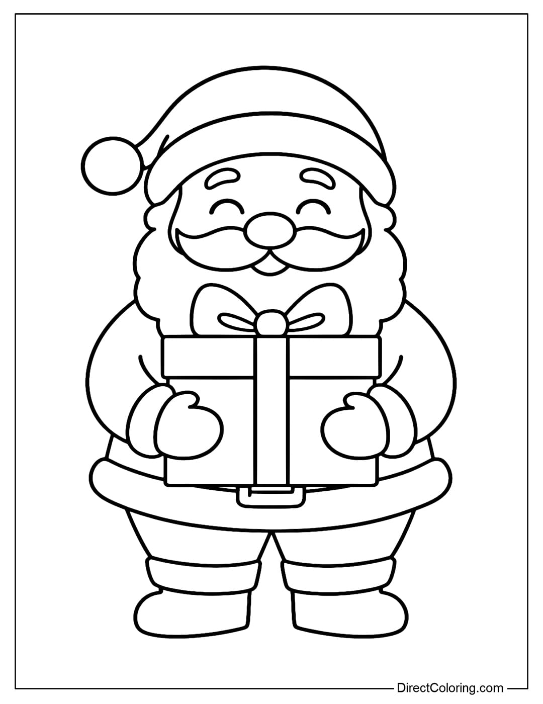 A cute Santa coloring page holding a gift box with a gentle Santa Claus holding a large gift box in front.