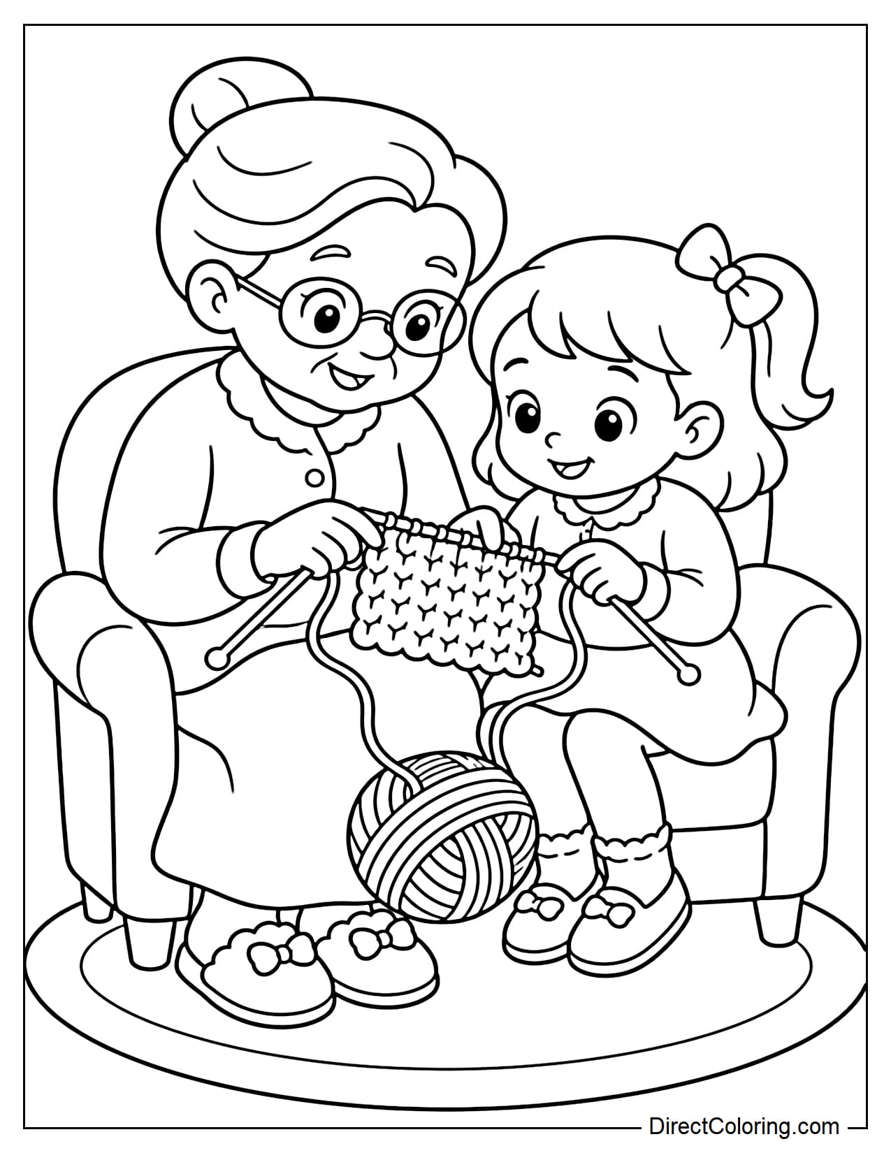 A grandmother sits with her grandchild and teaches them how to knit a small scarf, with a large ball of yarn and a pair of knitting needles between them.