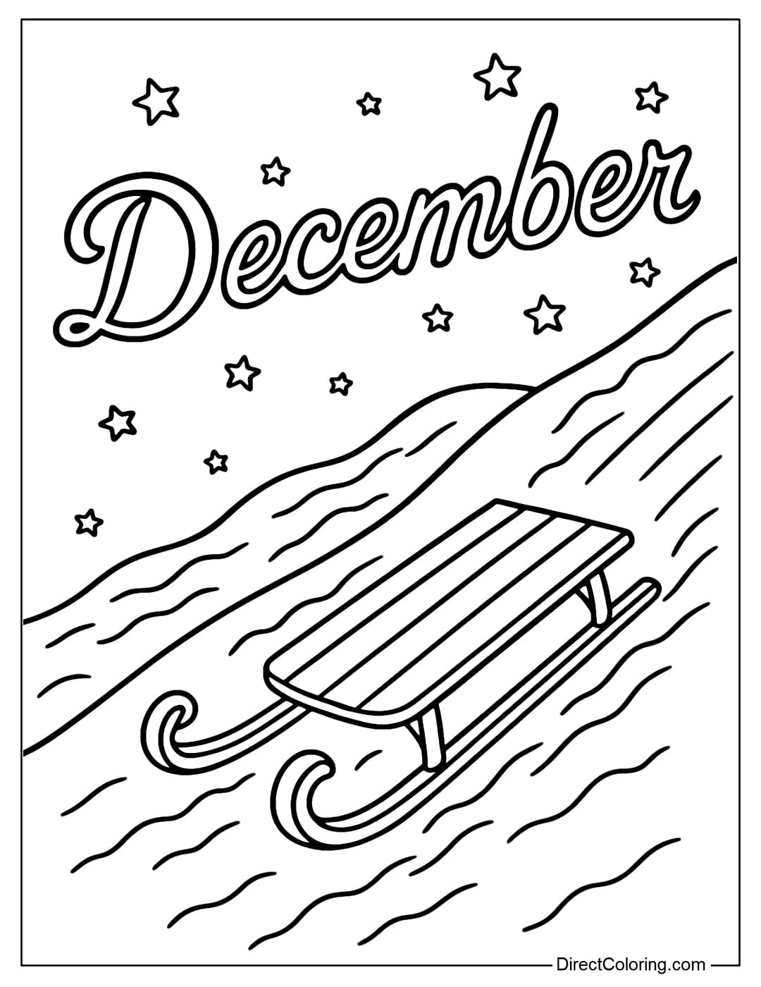A sleigh coloring page going down a snowy slope, with the word December tilted along the slide and small stars.