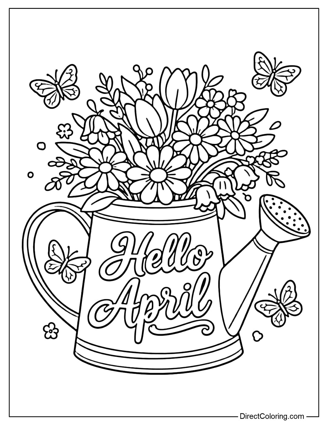 A coloring page for a large watering can with the words “Hello April” inside, topped with a bouquet of spring flowers and butterflies flying around.