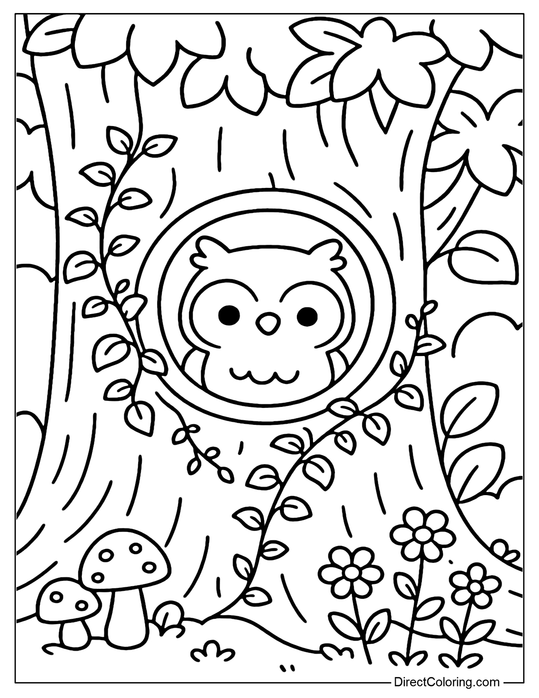 An owl coloring page looking out from a round tree hollow, surrounded by vines, small mushrooms and wild flowers.