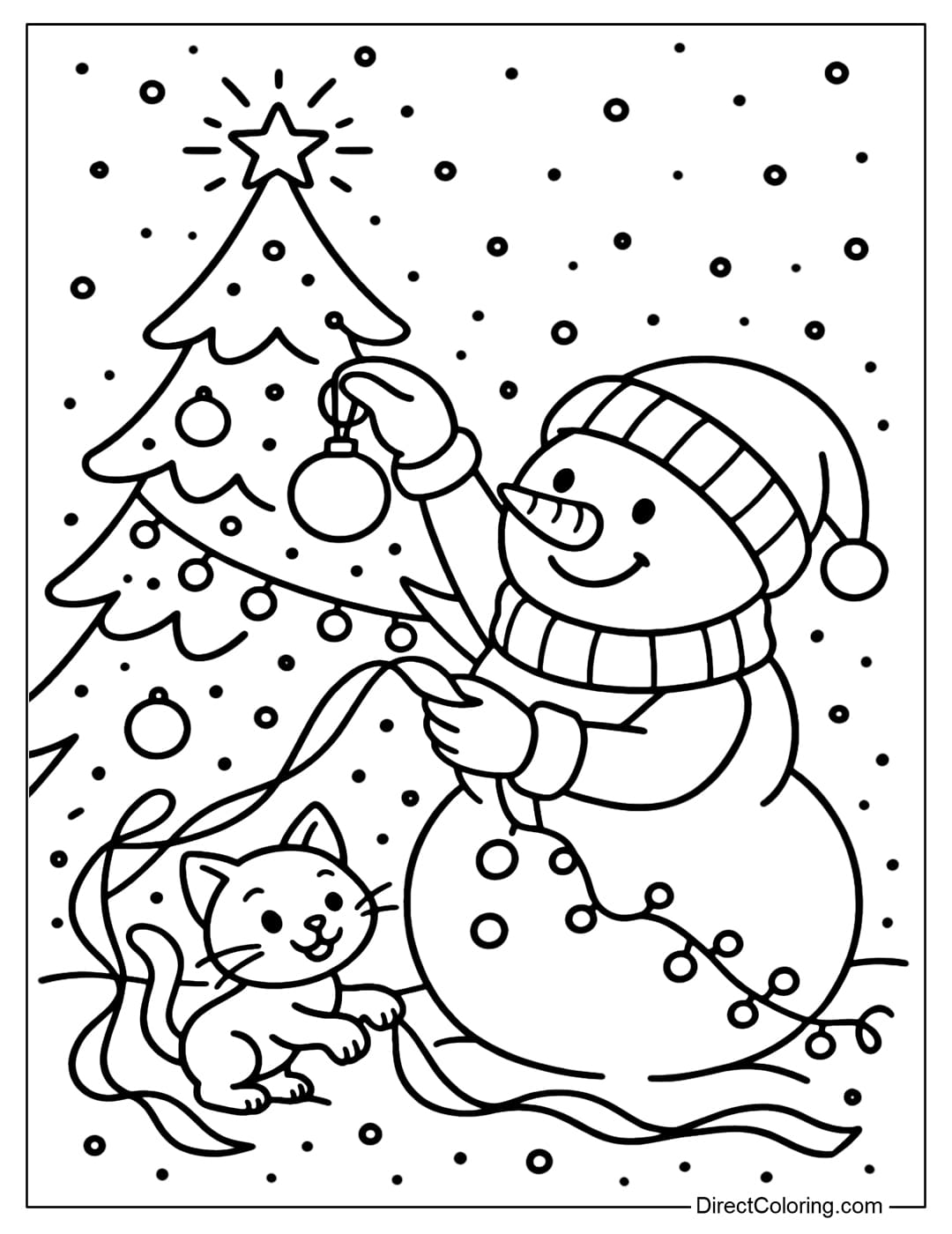 A snowman coloring page hanging balls and lights on a Christmas tree, with a kitten helping pull the ribbon.