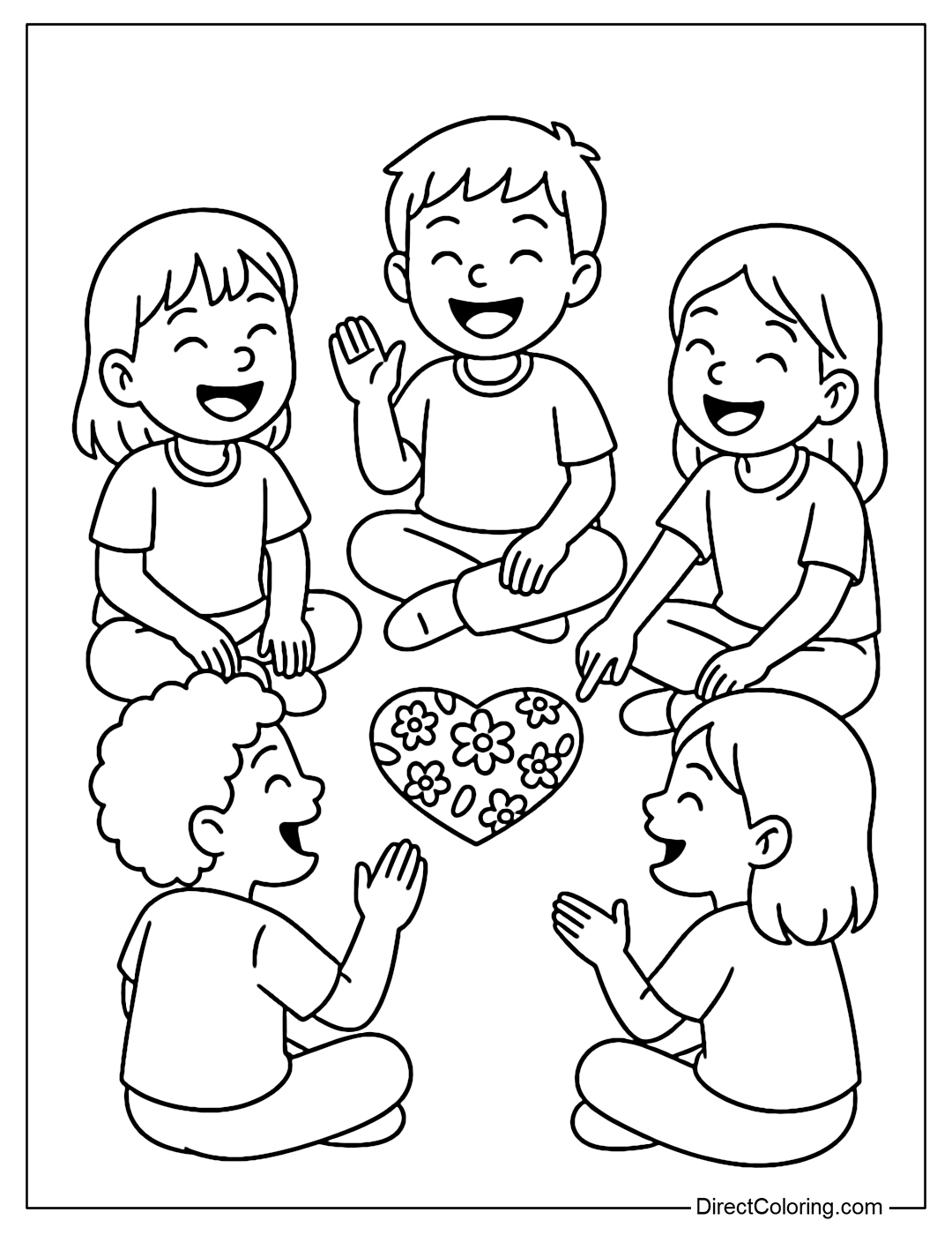 Coloring page of 5 children sitting in a circle, laughing loudly while playing a small game, in the middle of the circle is a patterned heart.