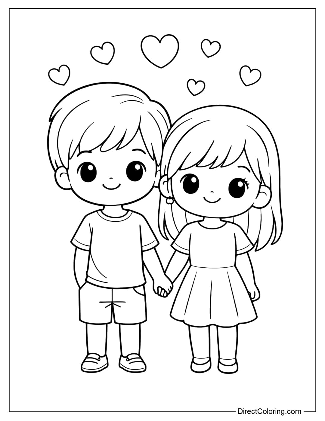 A coloring page depicting a couple standing side-by-side, holding hands, with small hearts floating in the background.