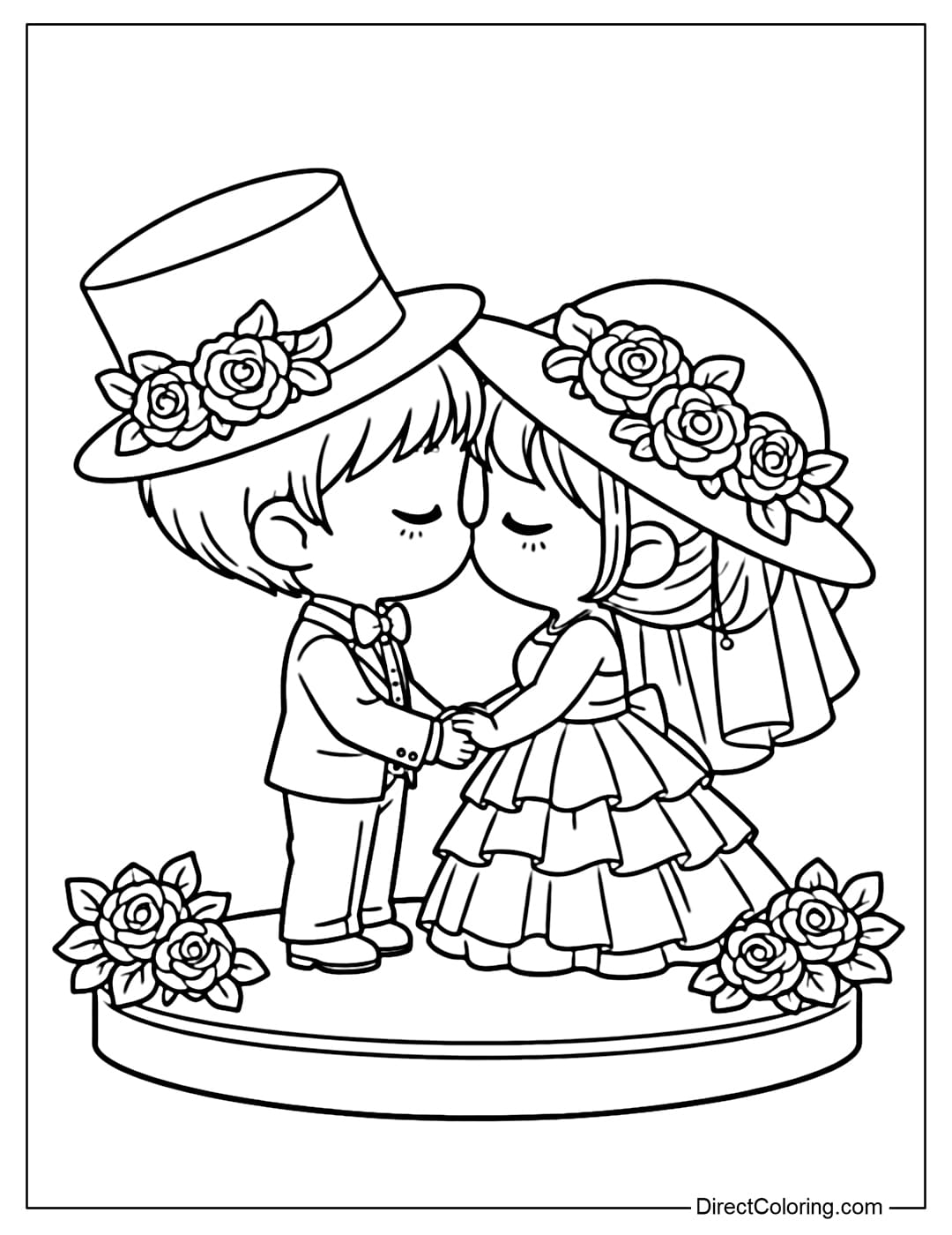 Coloring page featuring a cute bride and groom holding hands, both wearing large hats decorated with roses and leaves.