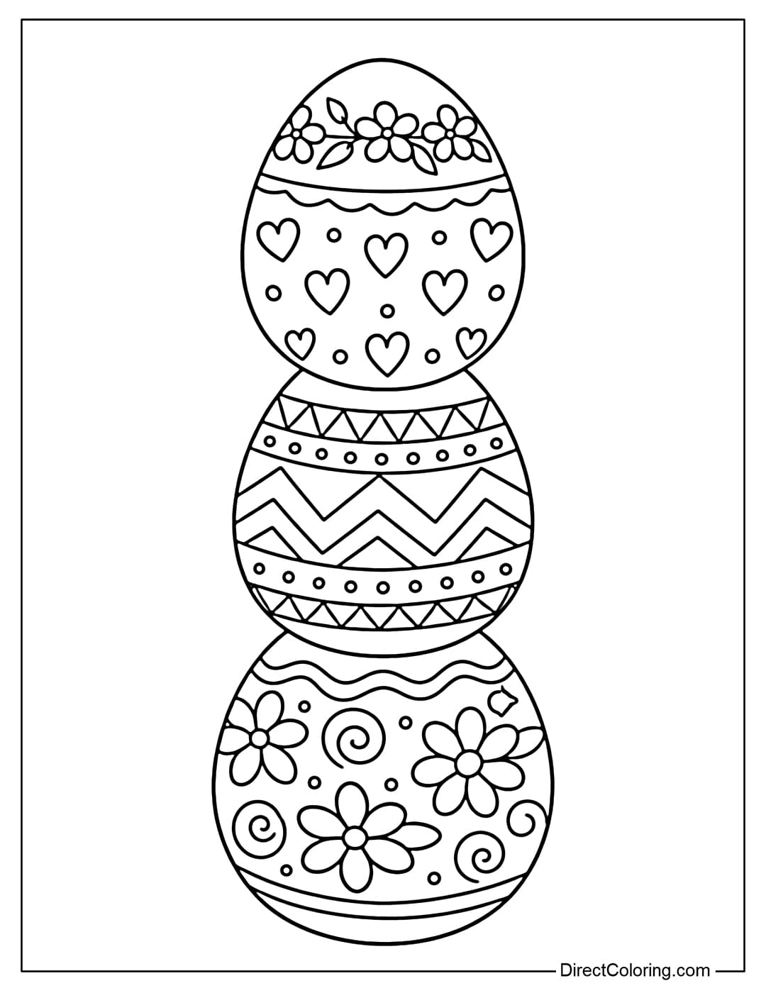 Coloring page of three Easter eggs stacked on top of each other, each with a different design.