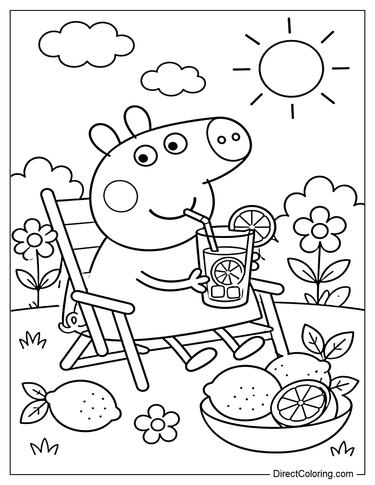 Peppa Pig is sitting in the summer garden drinking a cool glass of lemonade, with a few lemons and simple flowers beside her.