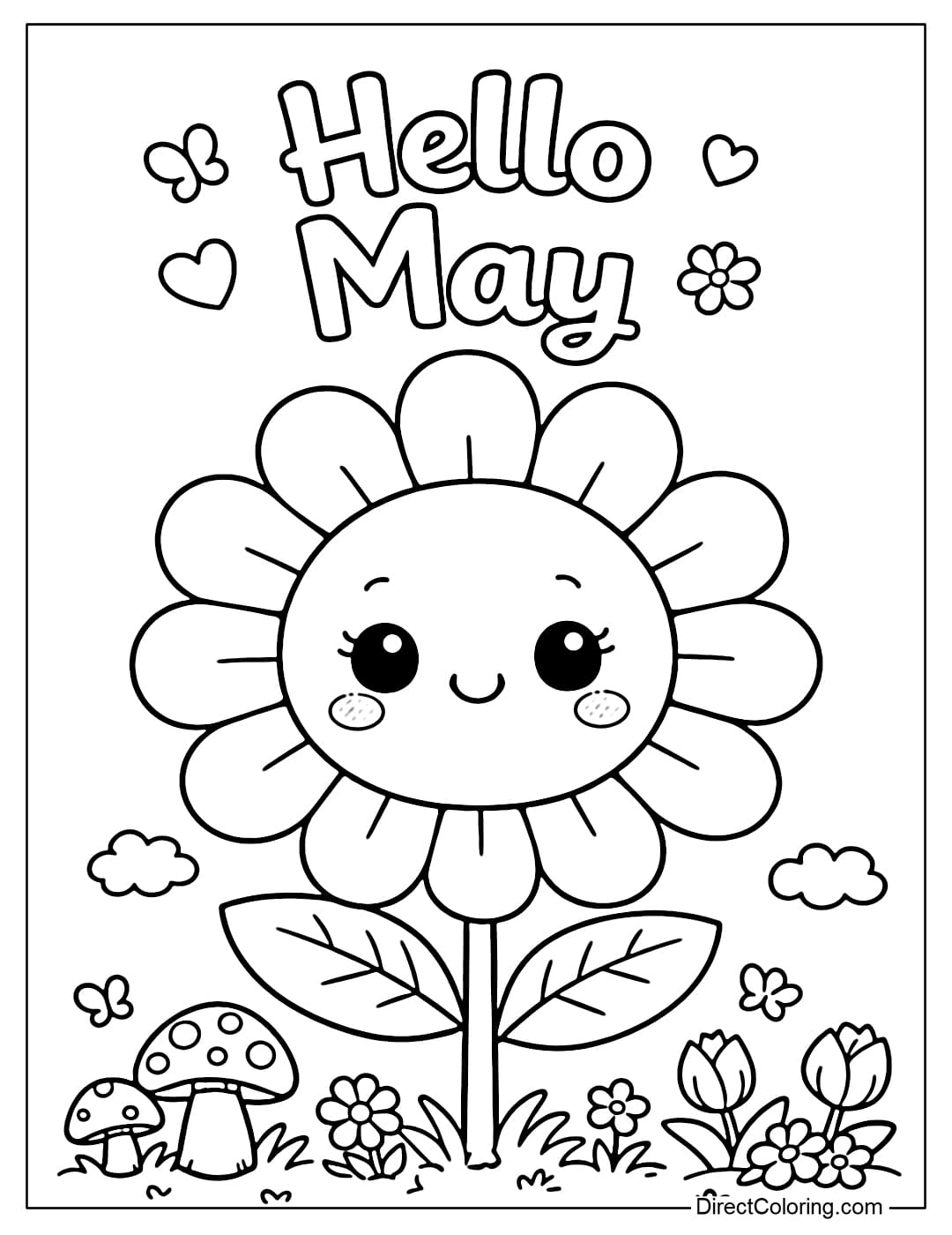 A coloring page featuring a large flower with a cute face and the words 