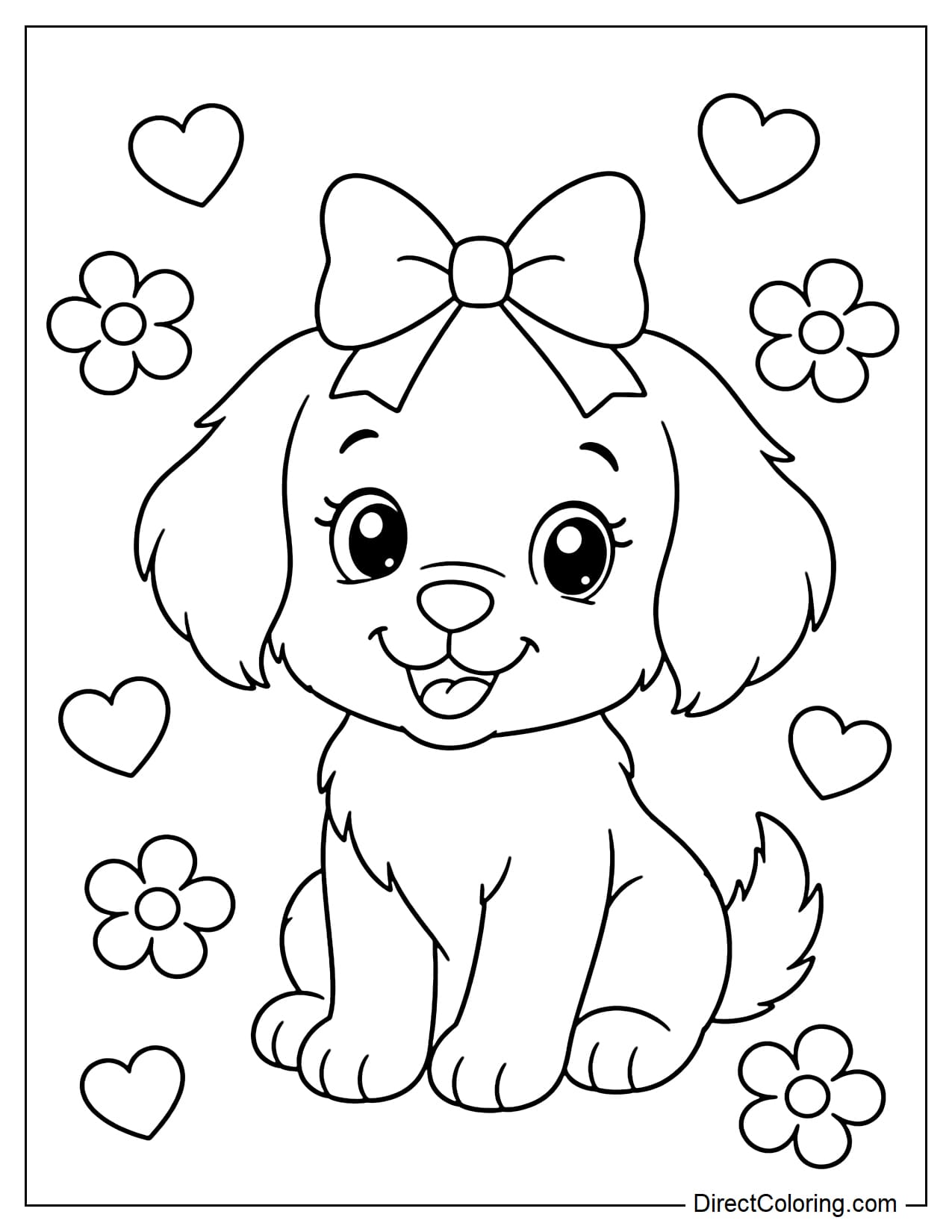 An adorable puppy wears a big bow on its head, sits neatly with a happy face, surrounded by small hearts and flowers.