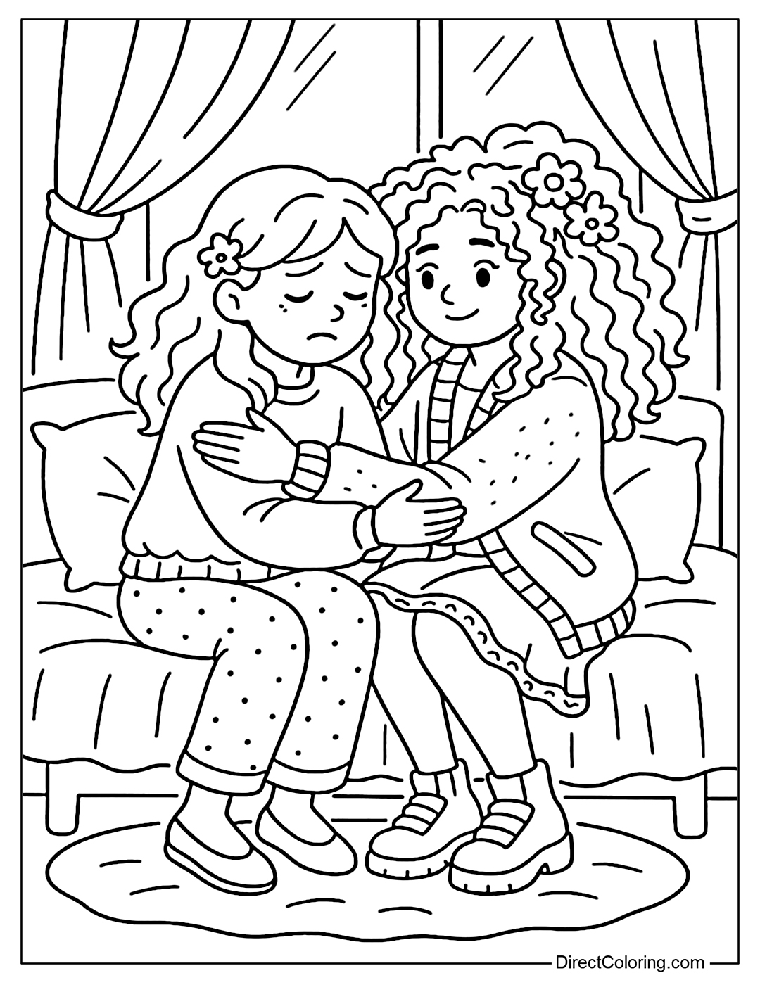 Coloring page of a girl hugging her friend when sad, the scene is a gentle bedroom with gently fluttering curtains.