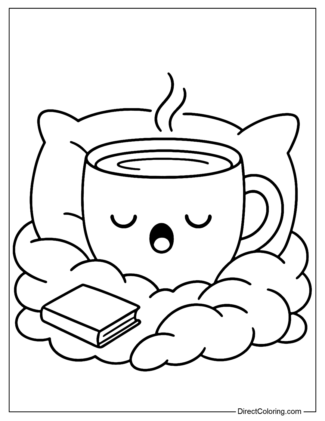 A coffee mug coloring page with a sleepy face, half-closed eyes and a yawning mouth, surrounded by a quilt, a pillow and a small book.