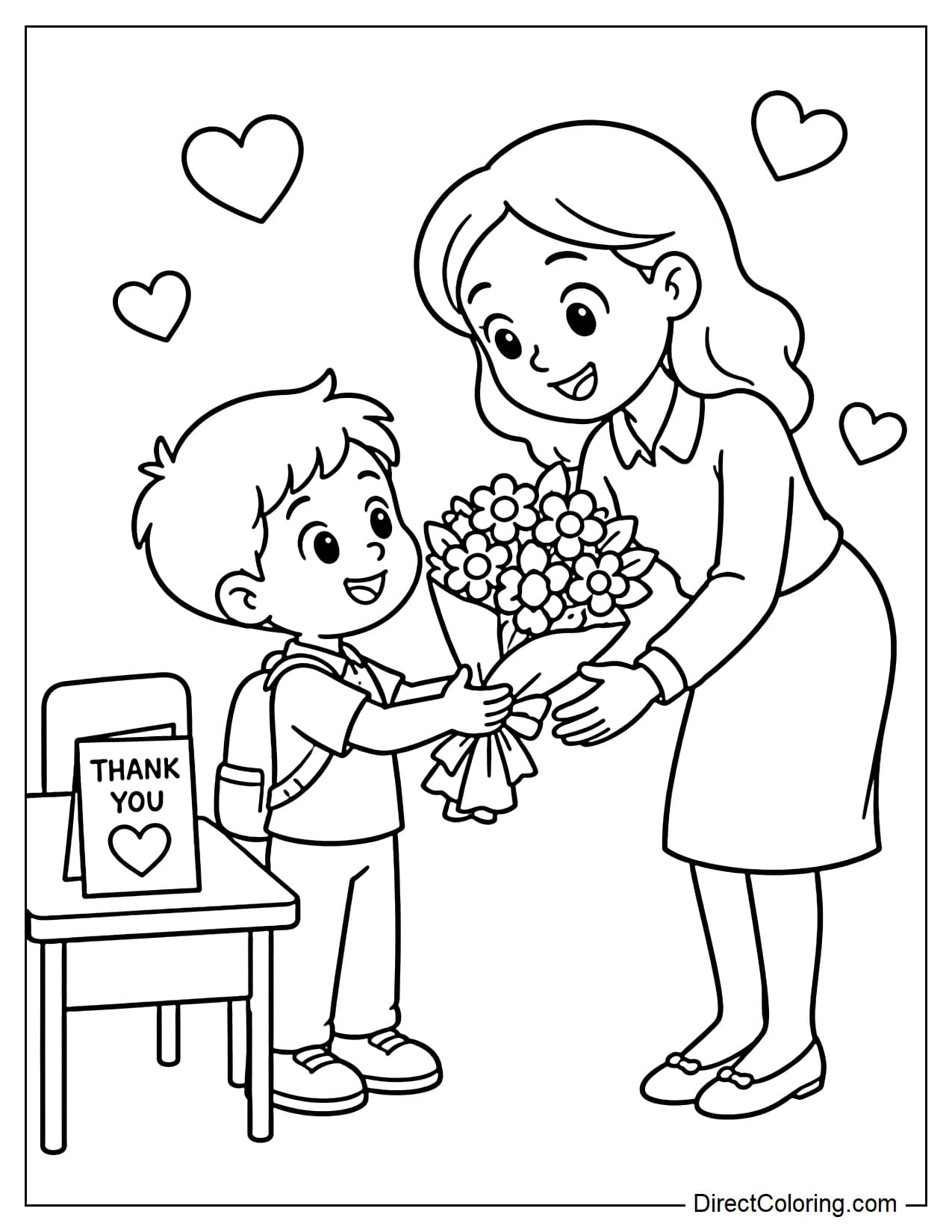 A student is giving a large flower bouquet to a female teacher. She bends down to receive it with a gentle smile and happy eyes. Beside them is a small school desk.