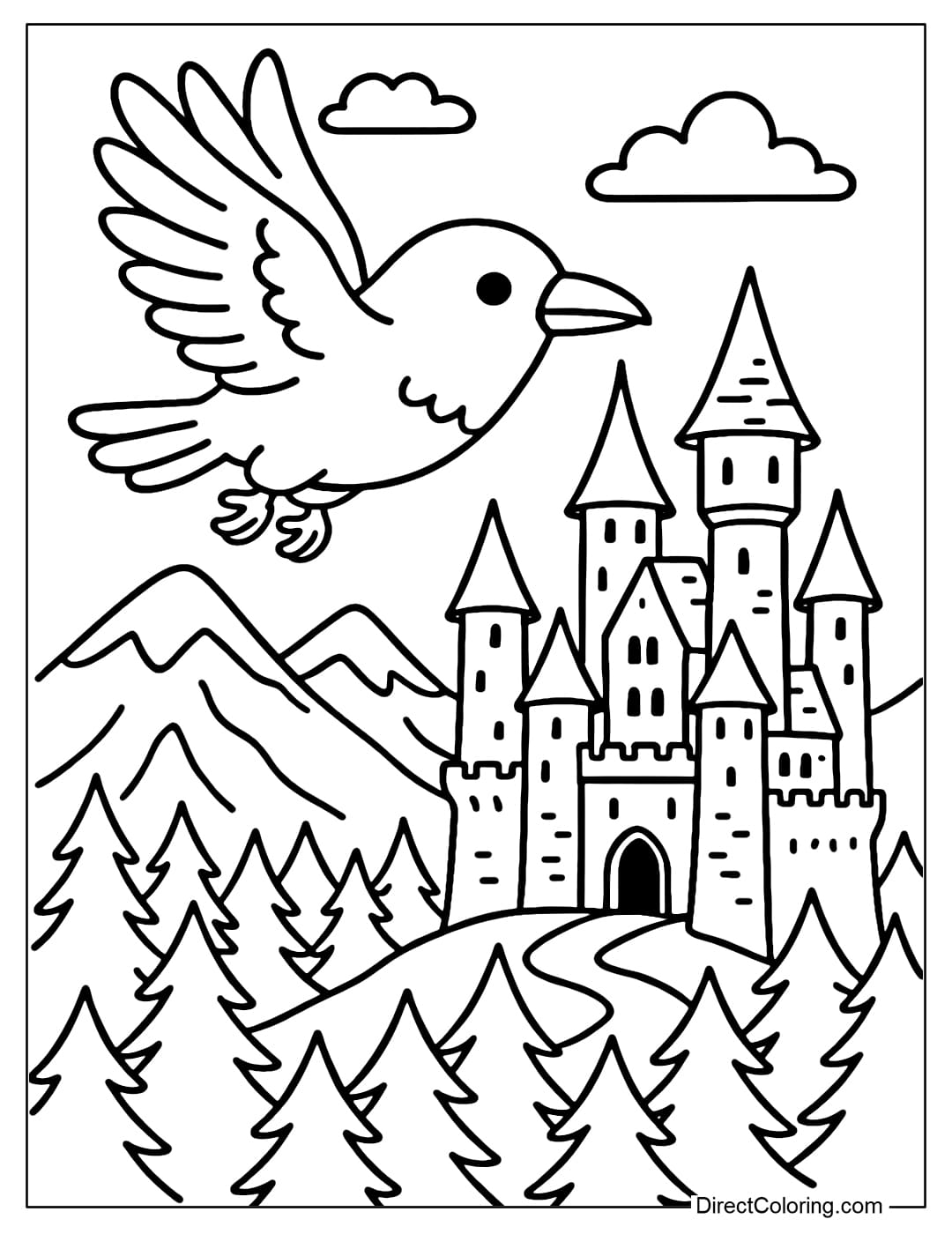 A crow coloring page flying around a majestic ancient castle, in the distance are mountains and old forests
