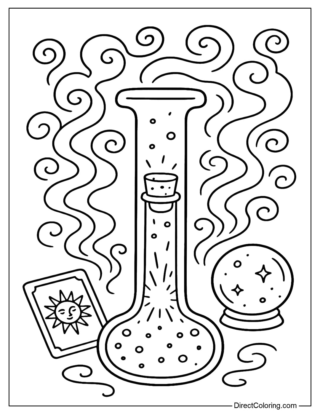 The letter I coloring page is like a glowing magic potion, surrounded by spiraling smoke, a fortune card, and a mysterious crystal ball.