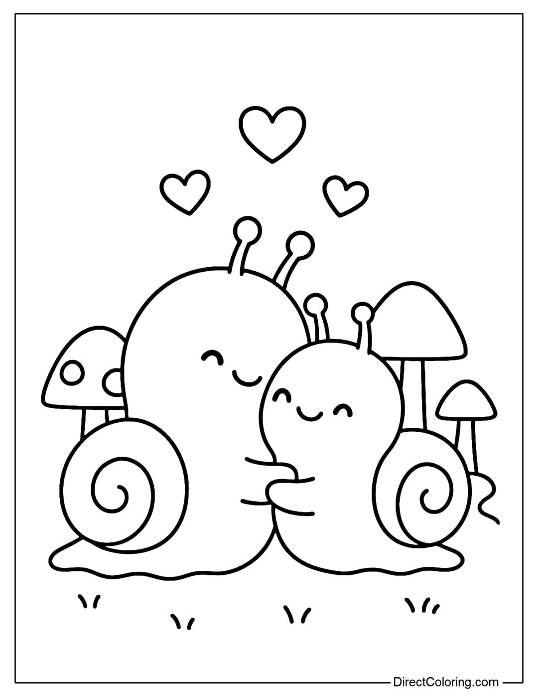 Coloring page Two little snails are hugging each other, above are some floating hearts, cute mushroom forest scene.