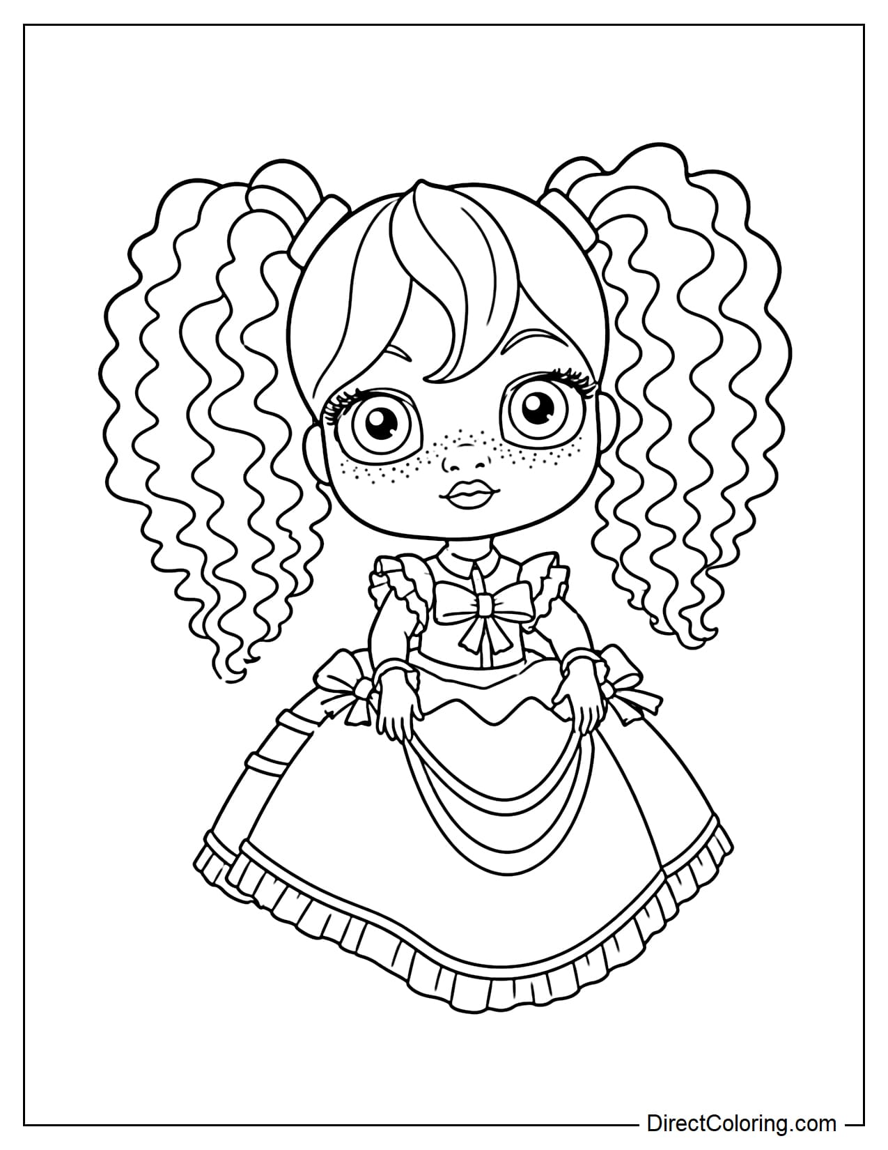 The Poppy character in Poppy Playtime has small freckles on her chubby cheeks, big round sparkling eyes, curly hair tied in pigtails, and a gorgeous flared dress.