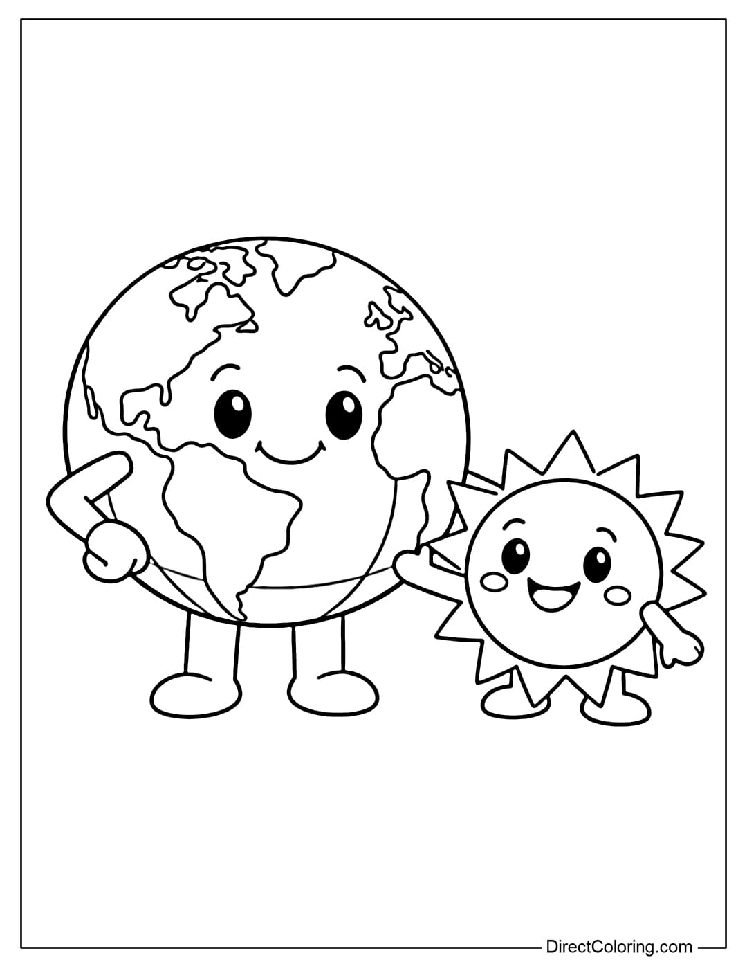 A coloring page of a large Earth standing next to a small, cute-faced sun.