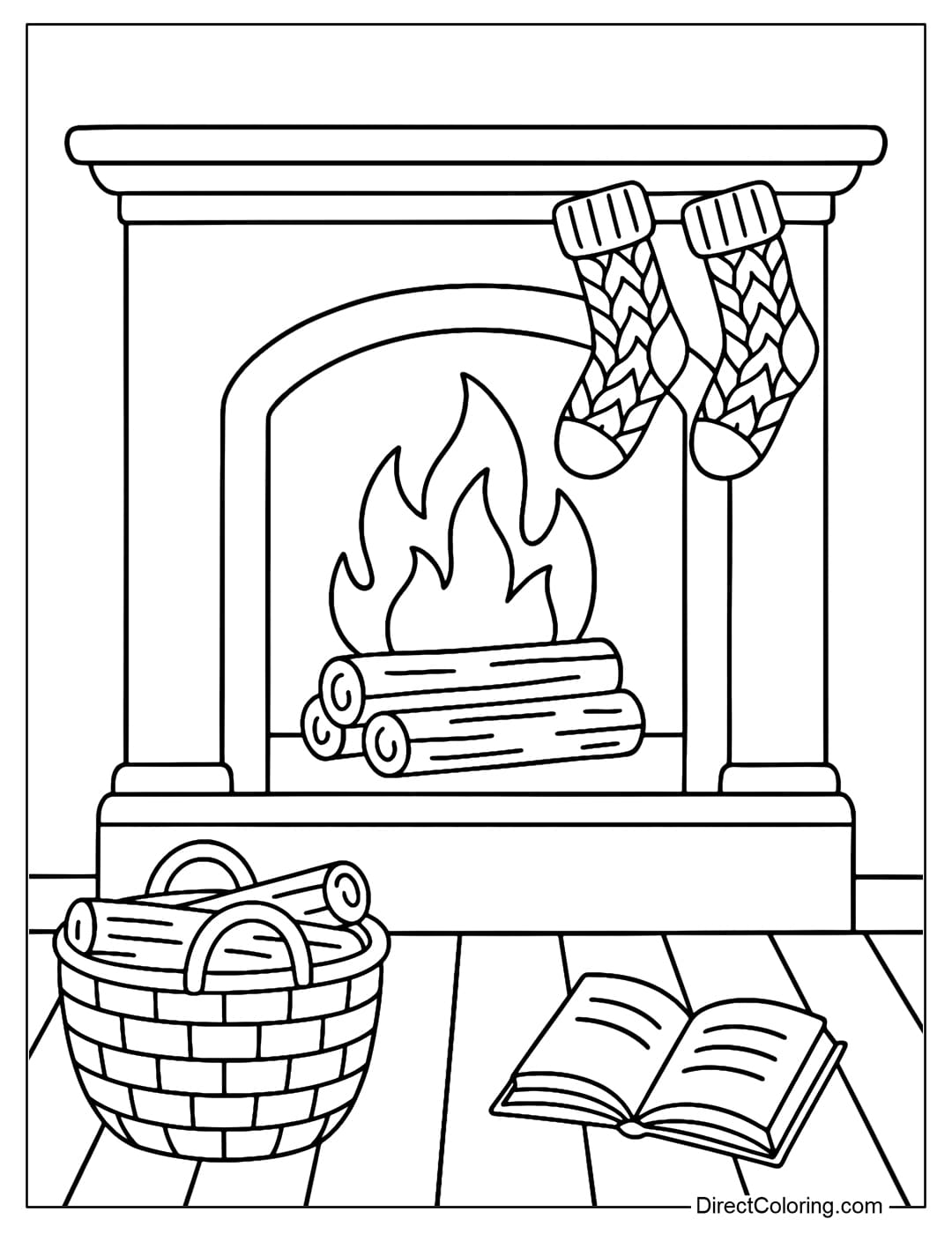 A fireplace coloring page with a pair of woolen socks hanging on the floor, a firewood basket and an open book on the floor.