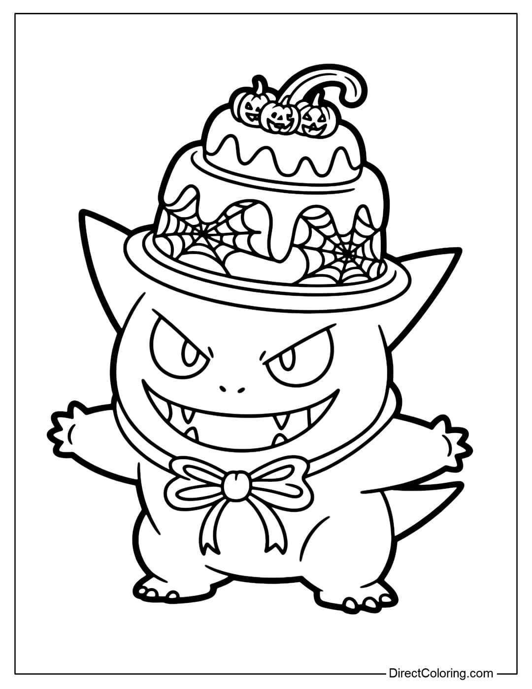 Coloring page of Gengar wearing a Halloween hat shaped like a cake decorated with spider webs and mini pumpkins, with a ribbon bow around his neck.