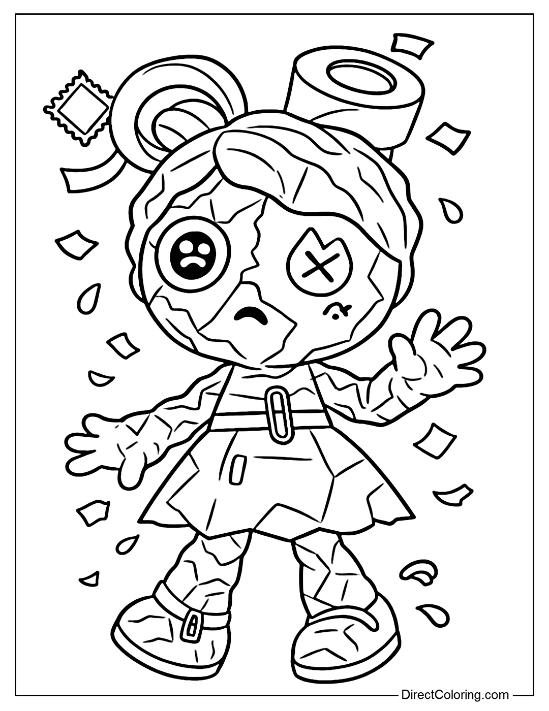 Crumpled up Crumple paper doll coloring page: body has many folds like crumpled paper, hair is a rolled tape, one side has a postage stamp. The left eye is an expression sticker, the right eye is a small error icon.