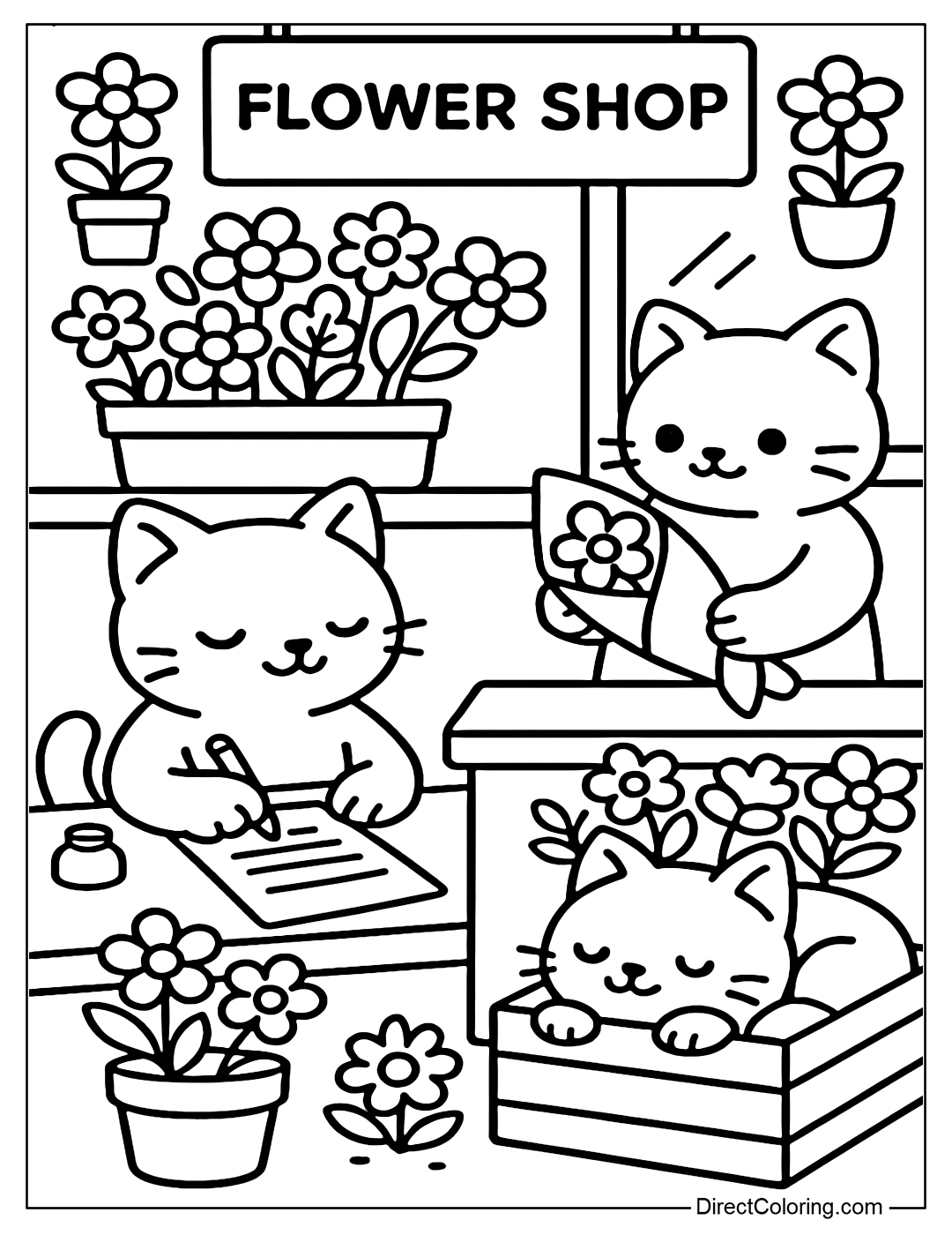 Coloring page of flower shop run by cat, cat writing bill, cat wrapping paper, cat sleeping in flower box