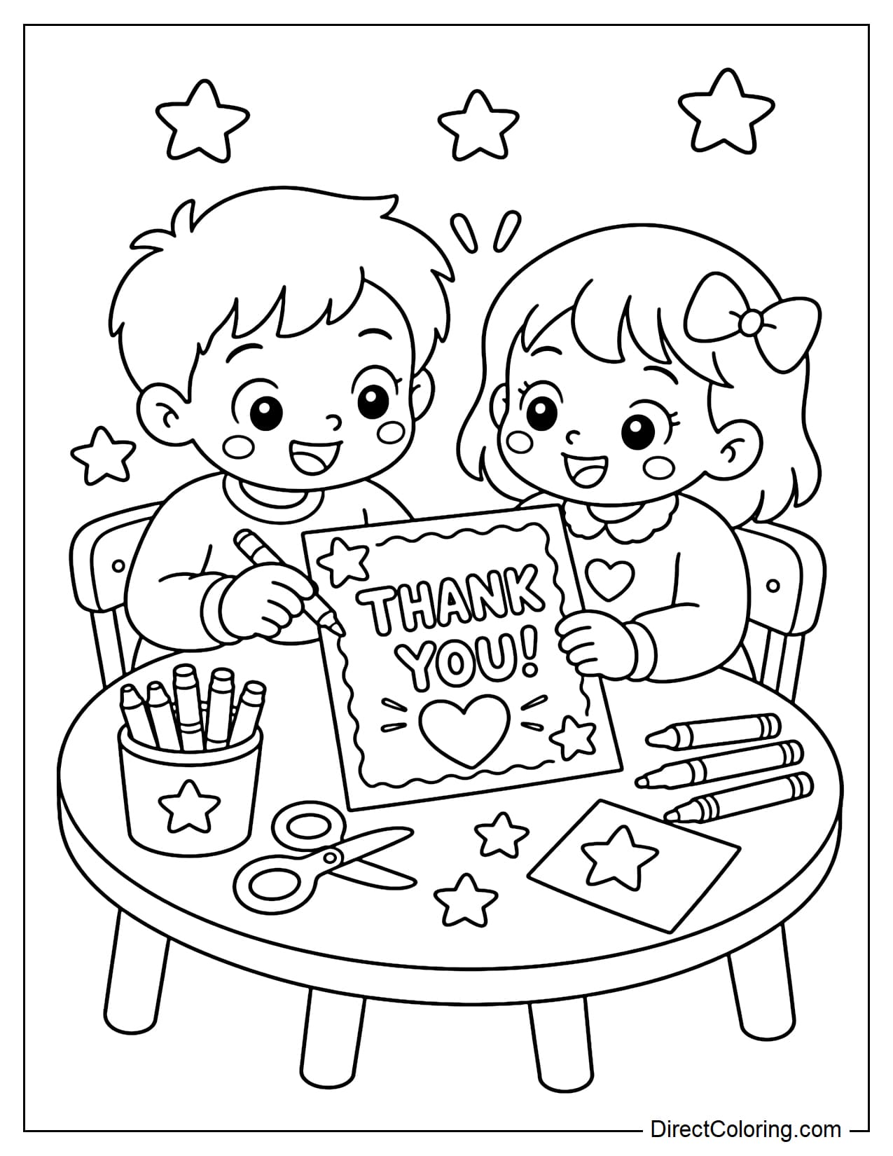 Two little friends are making thank you cards together on a small table with scissors, crayons, and a few stars.