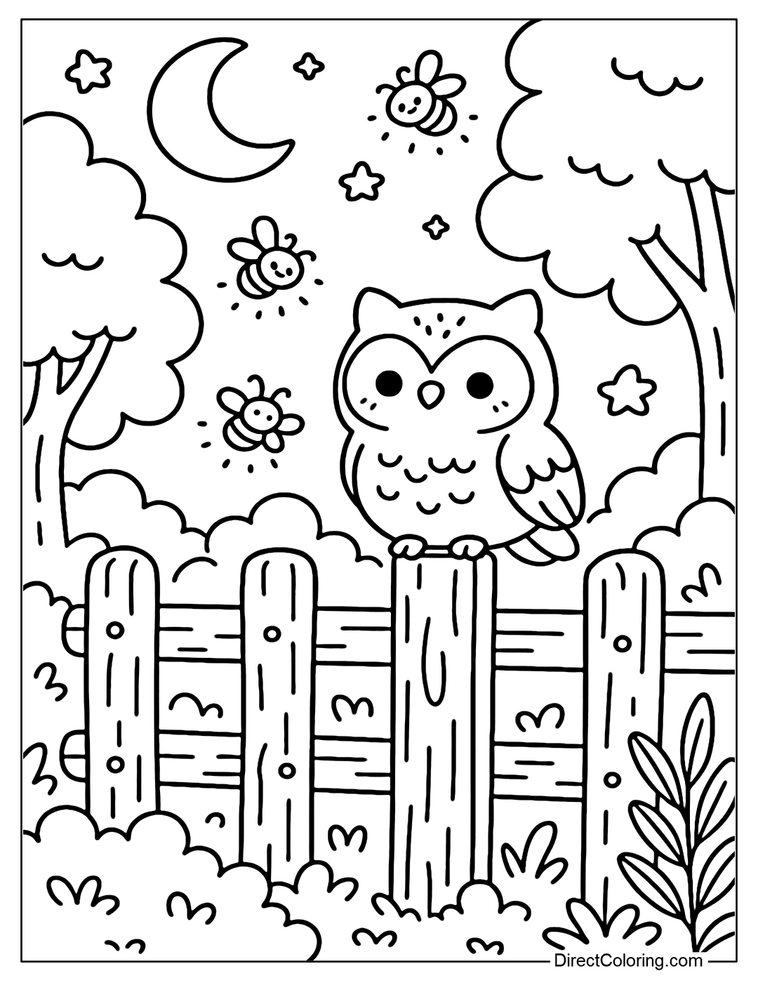 Coloring page of the fence in the mysterious night forest, glowing fireflies fly around, the owl sits on the wooden stake.