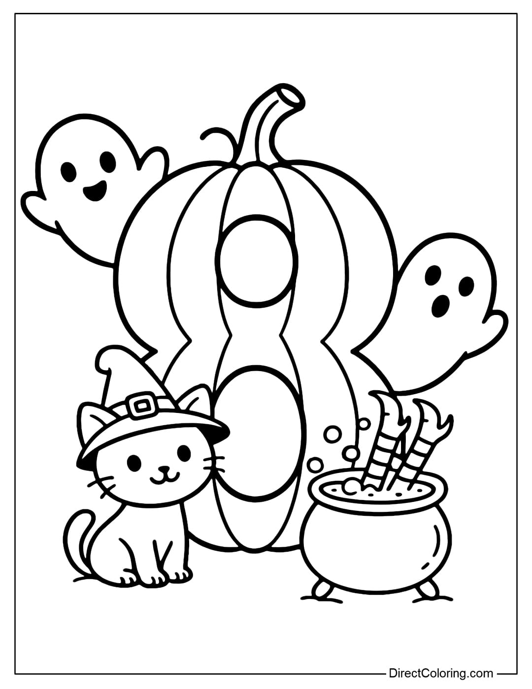 Halloween number 8 coloring page is like a pumpkin. At the foot of the number is a small cat wearing a witch hat sitting next to the potion with upside-down witch shoes.