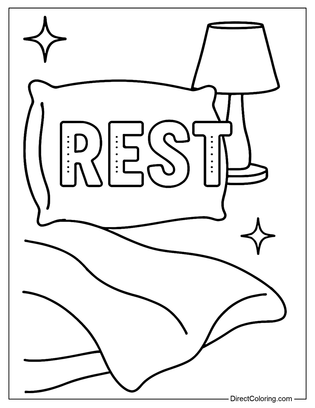 The Rest word coloring page lies on a soft pillow, with a blanket, a night light and a gently sparkling star.