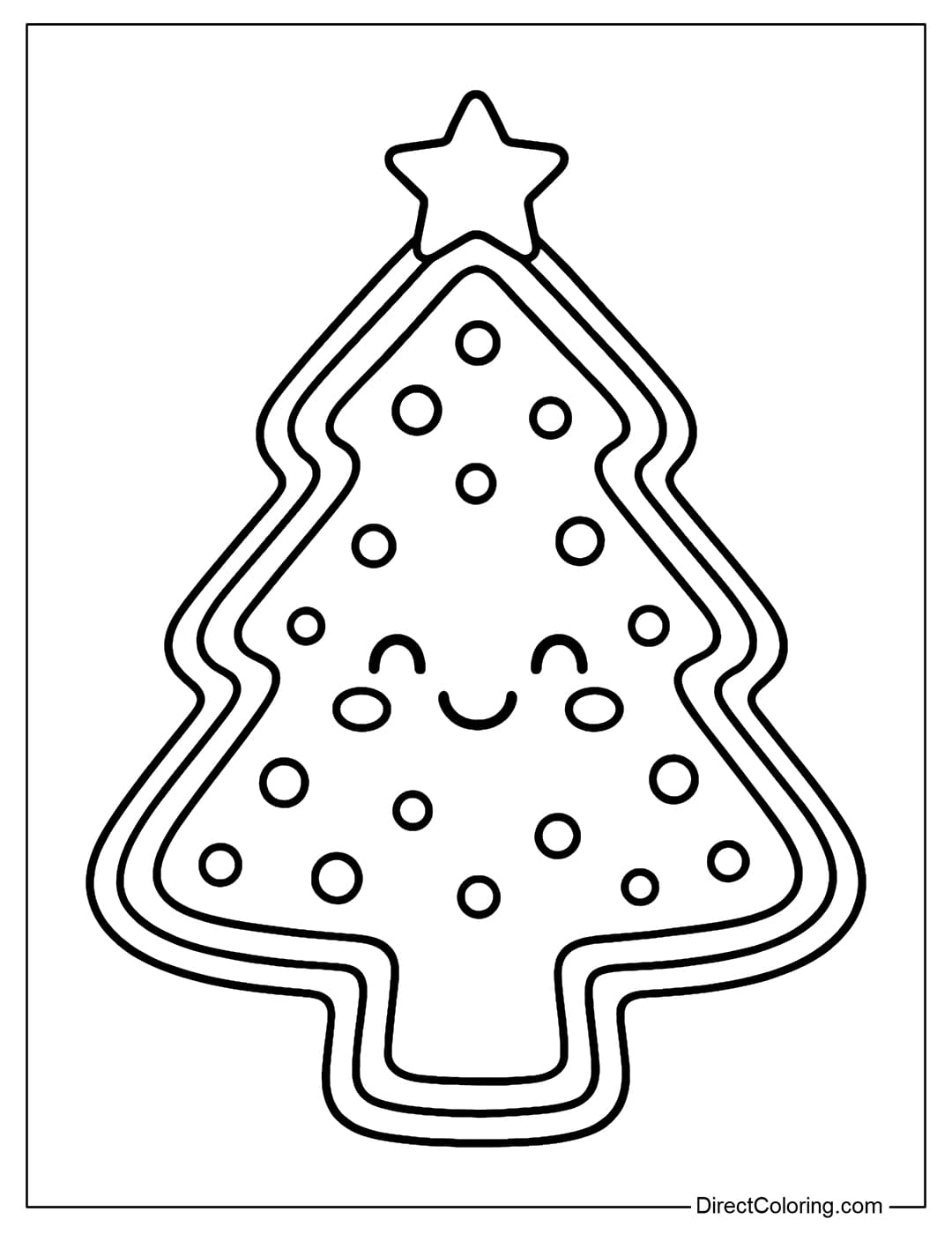 A cute cookie coloring page in the shape of a pine tree, with thick icing, a star on top and a cute face.