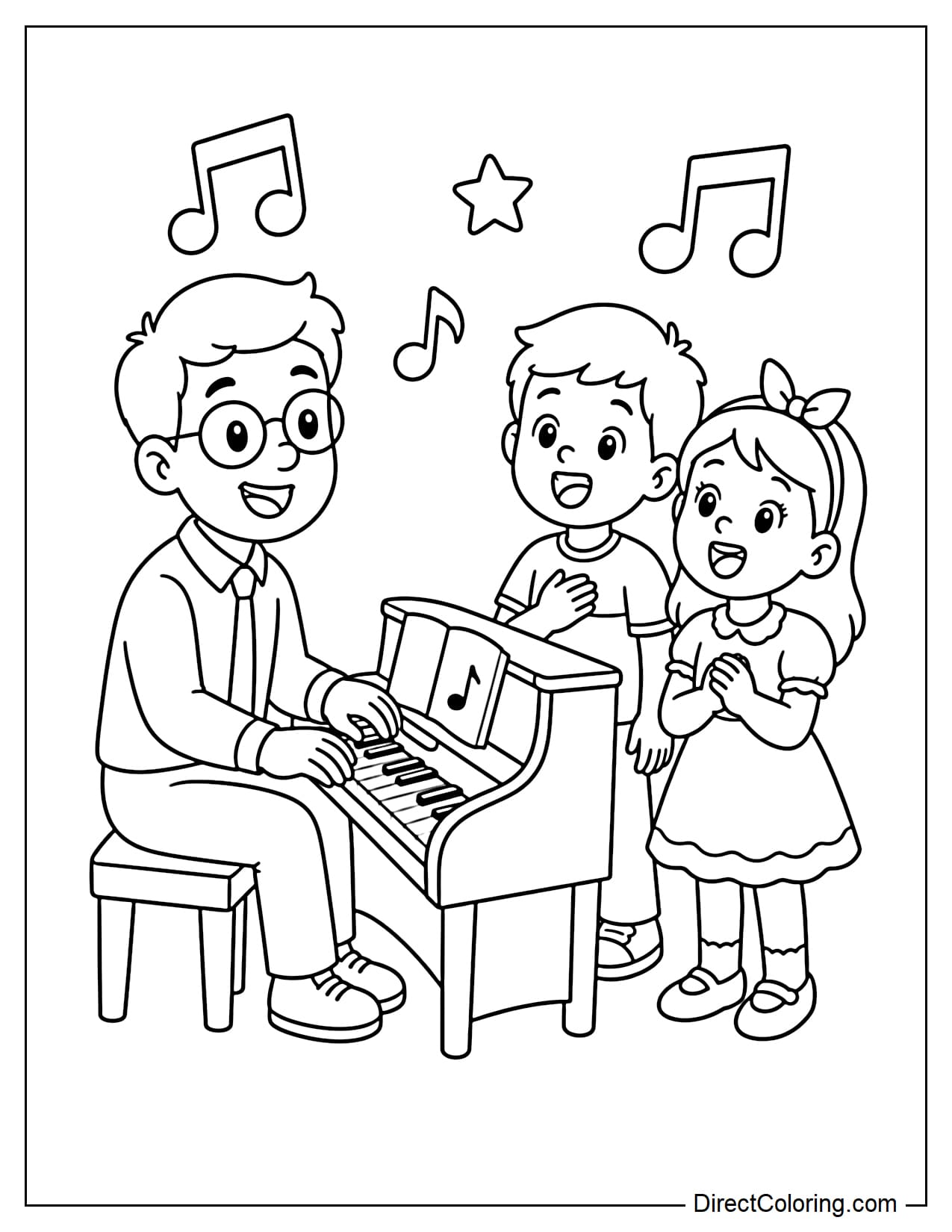 A music teacher is sitting and playing the piano, while two students beside him are singing along happily.