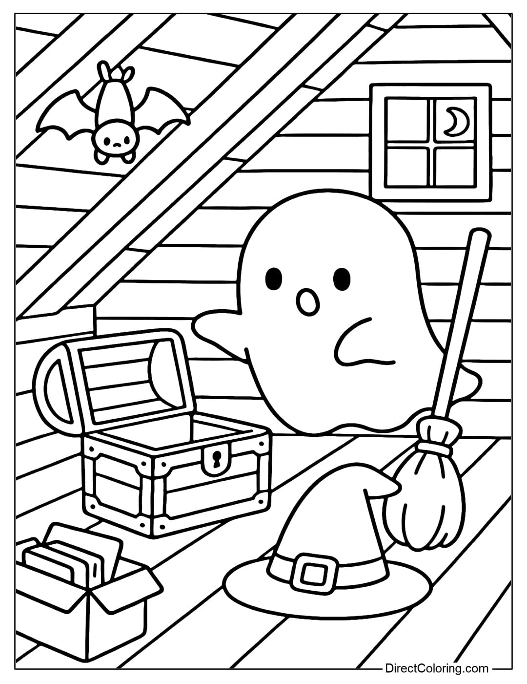 An old attic coloring page with a treasure chest, a witch's broom, an old hat, an upside down bat, and a ghost exploring old things.