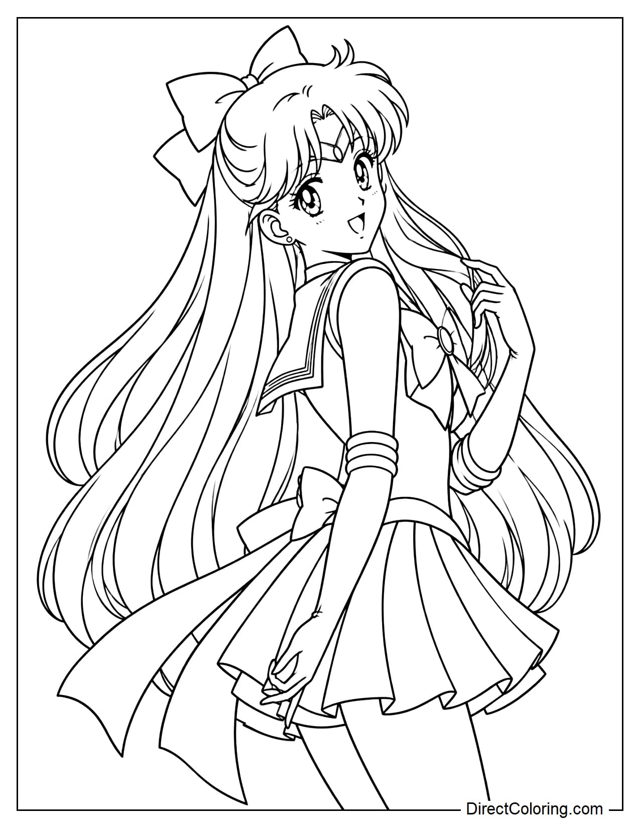 Sailor Venus (Minako Aino) strikes a sweet, charming pose, gently turning her body to one side while looking back over her shoulder. She places one hand softly behind her back while using her other hand to lightly touch a long strand of hair in front of her.