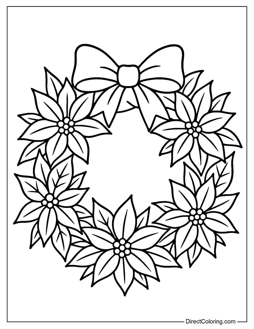 Poinsettia Blossom Wreath Coloring Page A wreath coloring page made from large poinsettia flowers interspersed with leaves.