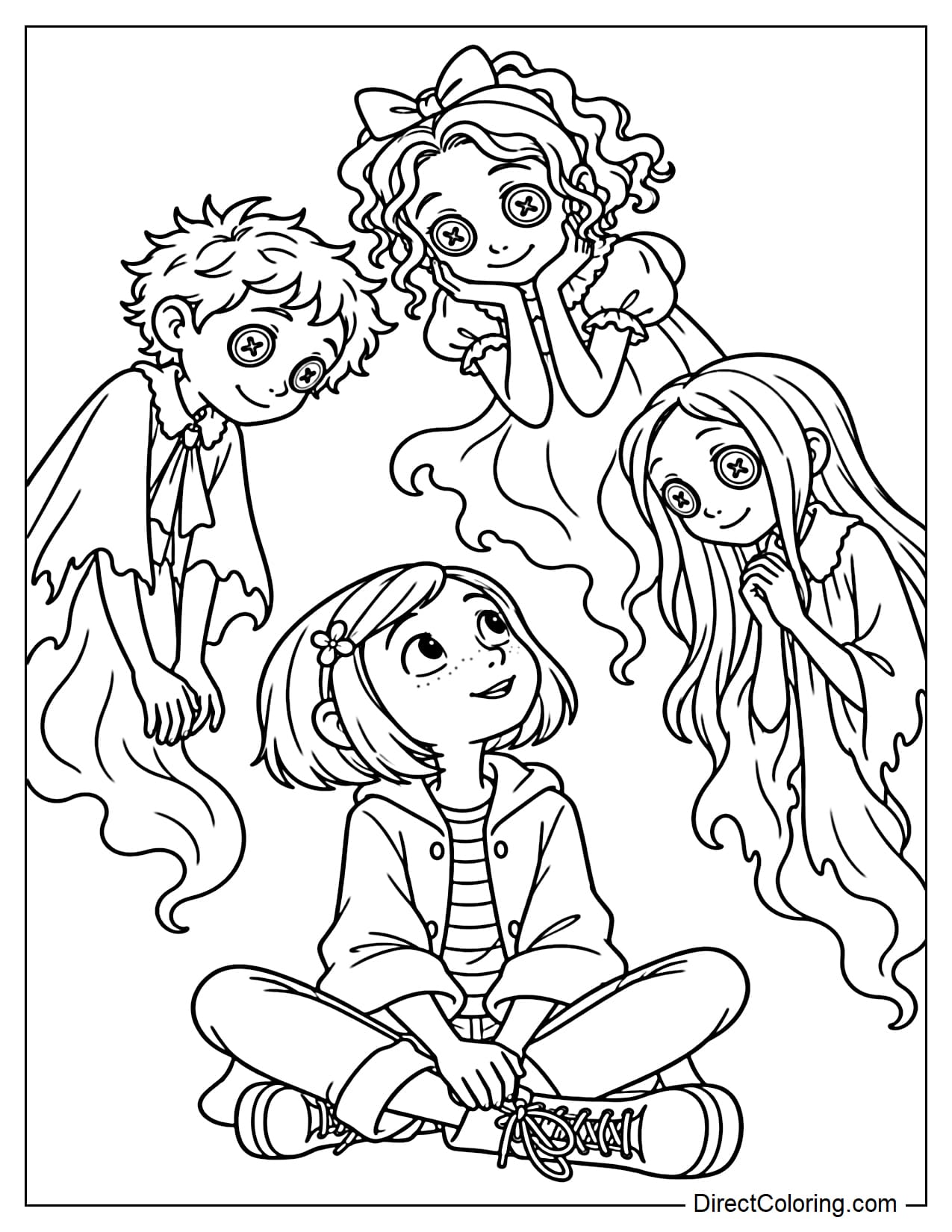 Coraline sits with a curious expression and looks up at the three Ghost Children appearing around her.
