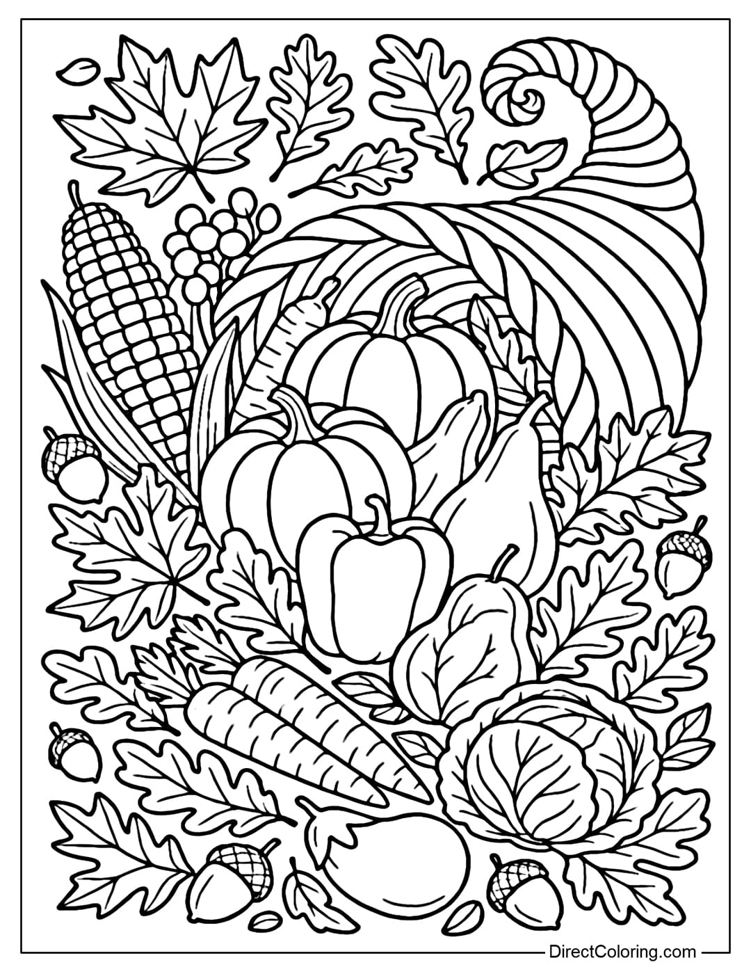 A detailed Cornucopia coloring page, many fruits and vegetables, alternating maple and oak leaf patterns.