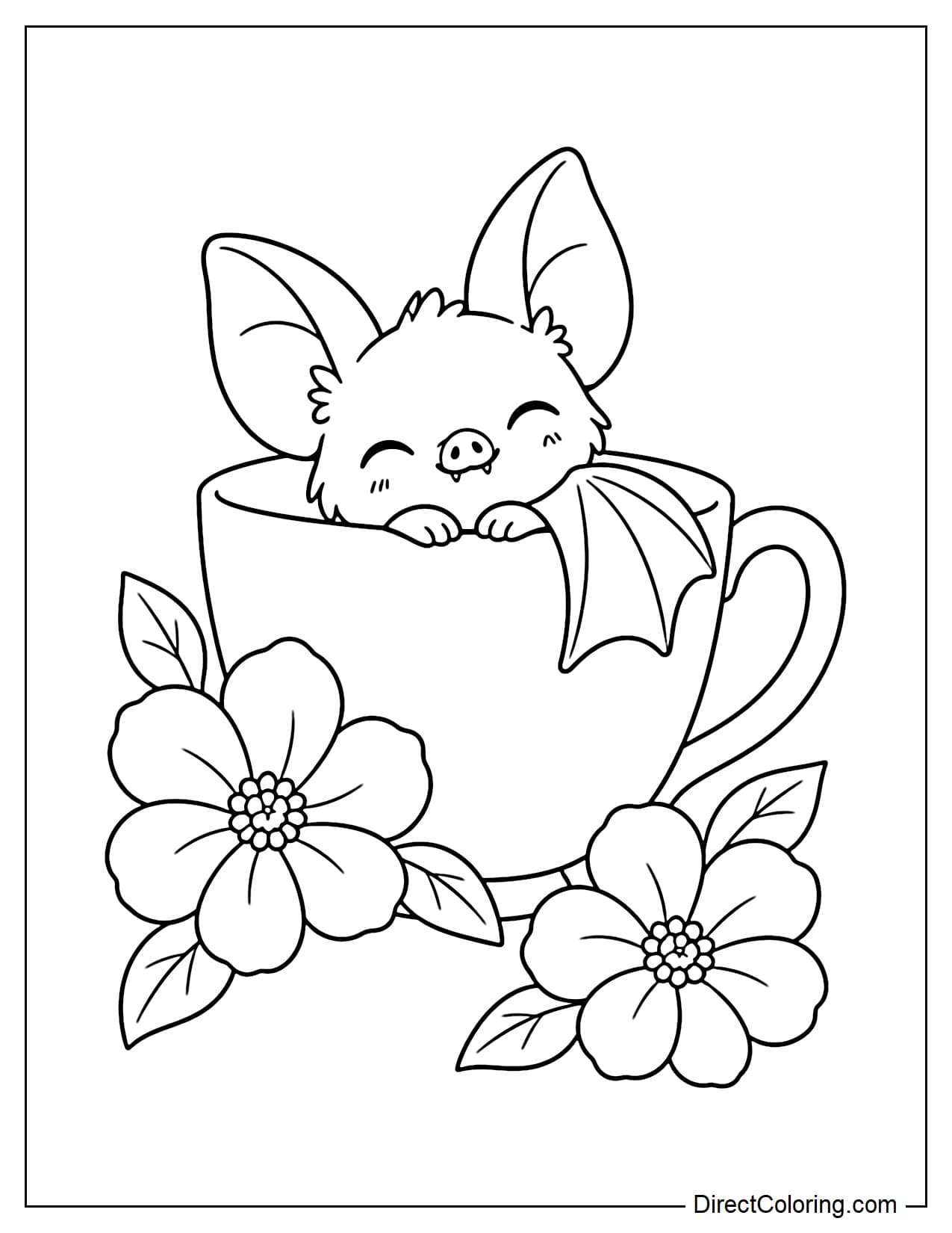 A little bat curls up comfortably inside an oversized teacup, with its head and ears peeking over the rim and one wing resting on the edge, surrounded by two large flowers and a few leaves.