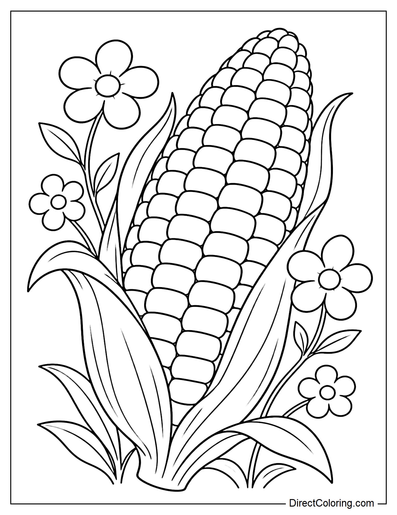 A corn cob with rows of large exposed kernels is surrounded by clusters of simple, round-petaled wildflowers curving gently around both sides.