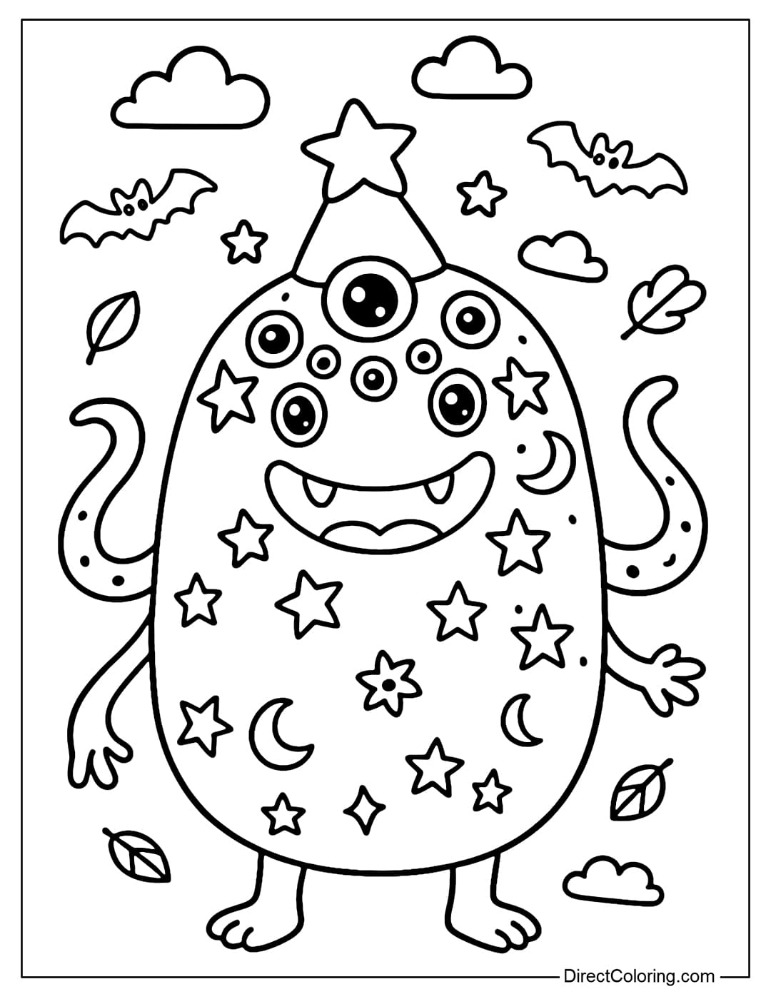 A monster with a large oval body, many eyes growing on its forehead and face, its body has star and moon patterns, and its hands look like tentacles.