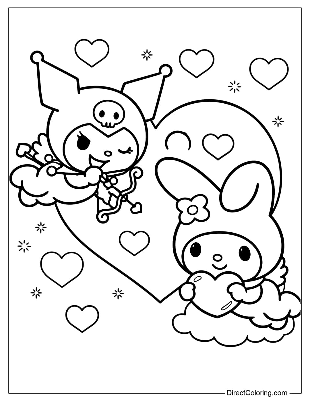 Kuromi playfully transforms into Cupid with a bow and arrow of love, while the gentle My Melody embraces a large heart amidst the clouds.
