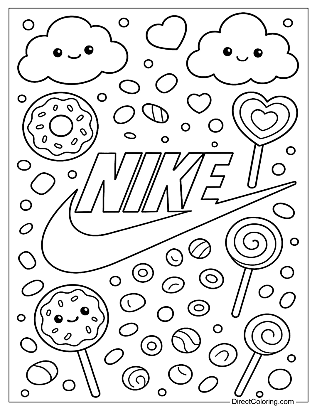 The Nike logo is covered with sweet candy, donuts, lollipops, and marshmallow clouds - extremely eye-catching and exciting for children & kawaii style lovers.