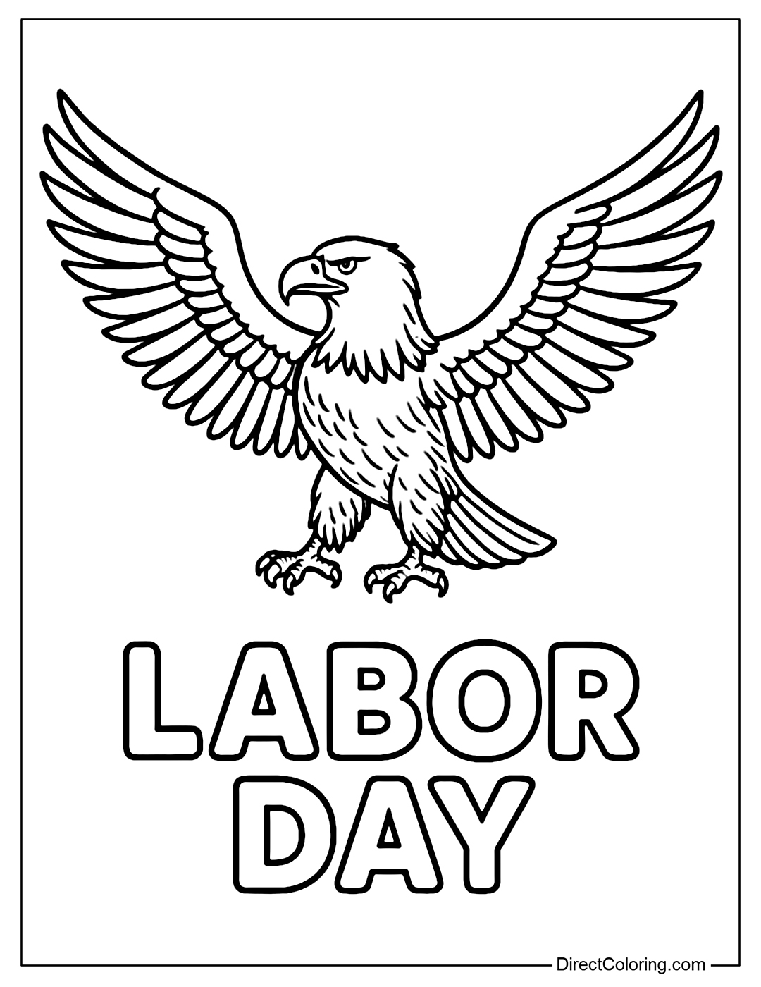 Coloring page with the American eagle spreading its wings, below is the word 