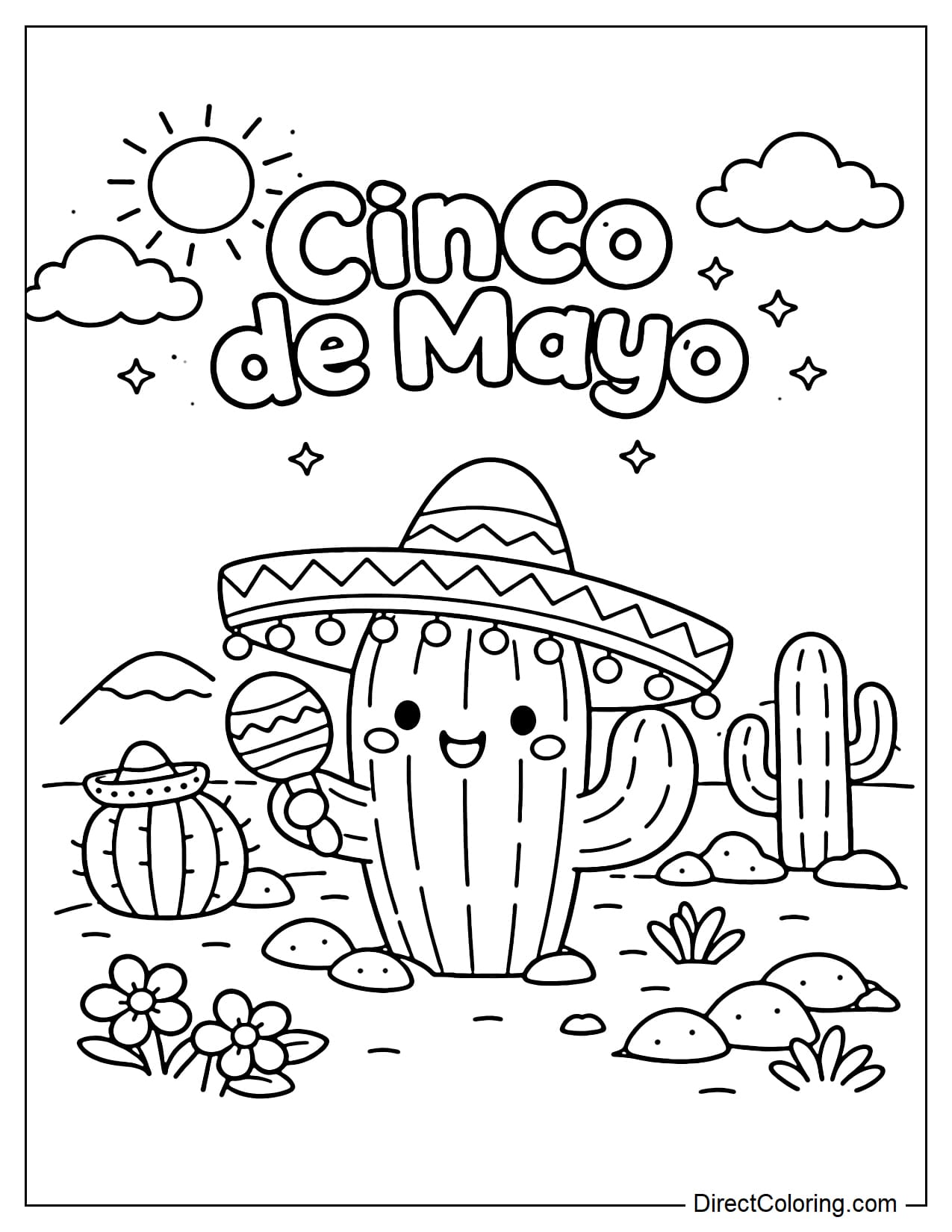 A whimsical cactus in the desert wearing a sombrero hat and holding maracas, with the words 