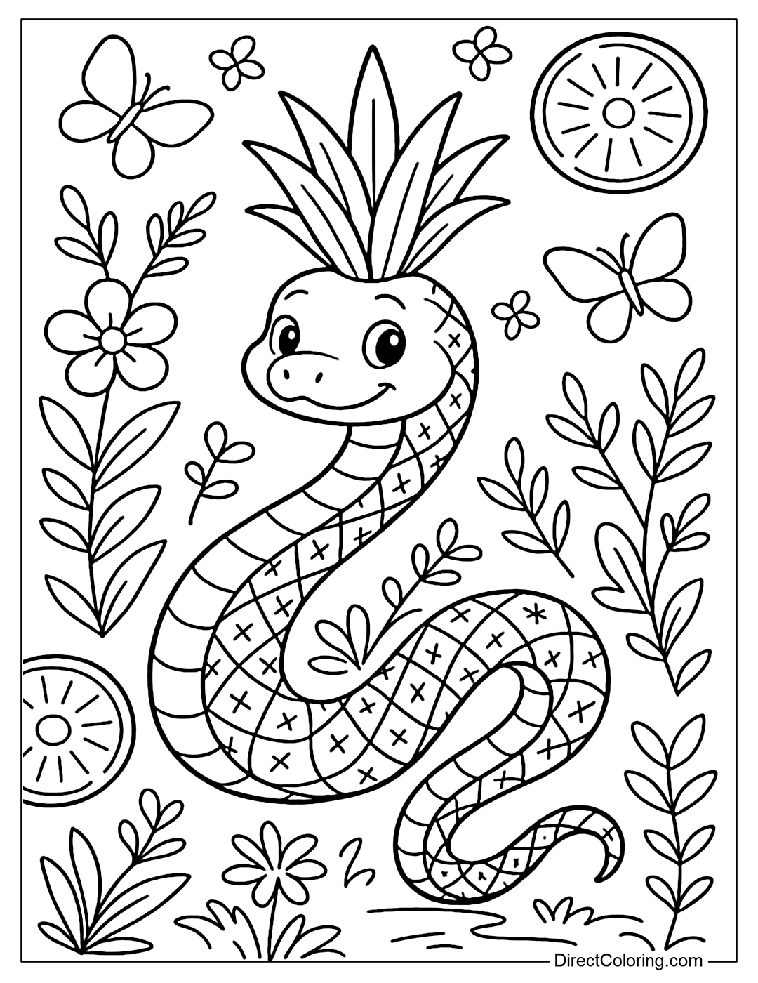 Coloring page for a small snake that curves around with a pineapple-shaped body, with characteristic checkered scales and a pineapple leaf on its head.