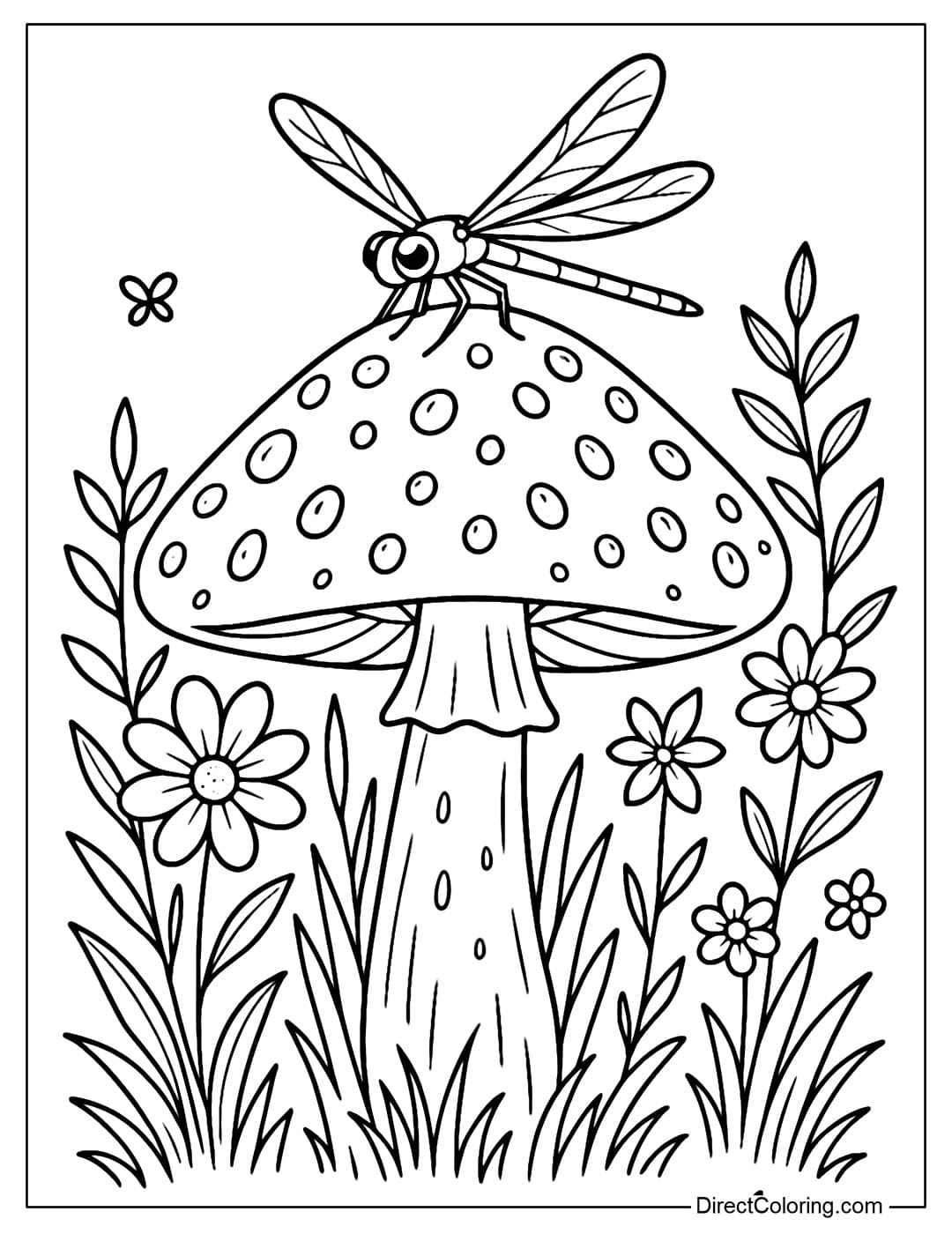 Dragonfly with Mushroom Coloring Page Coloring page of red mushrooms covered in morning dew, red dragonflies perched on mushroom caps, surrounded by wild flowers.