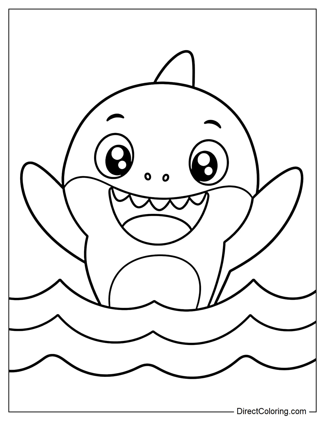 An adorable baby shark is poking its head out of the water, its two front fins raised as if greeting, with a few large curved waves below.