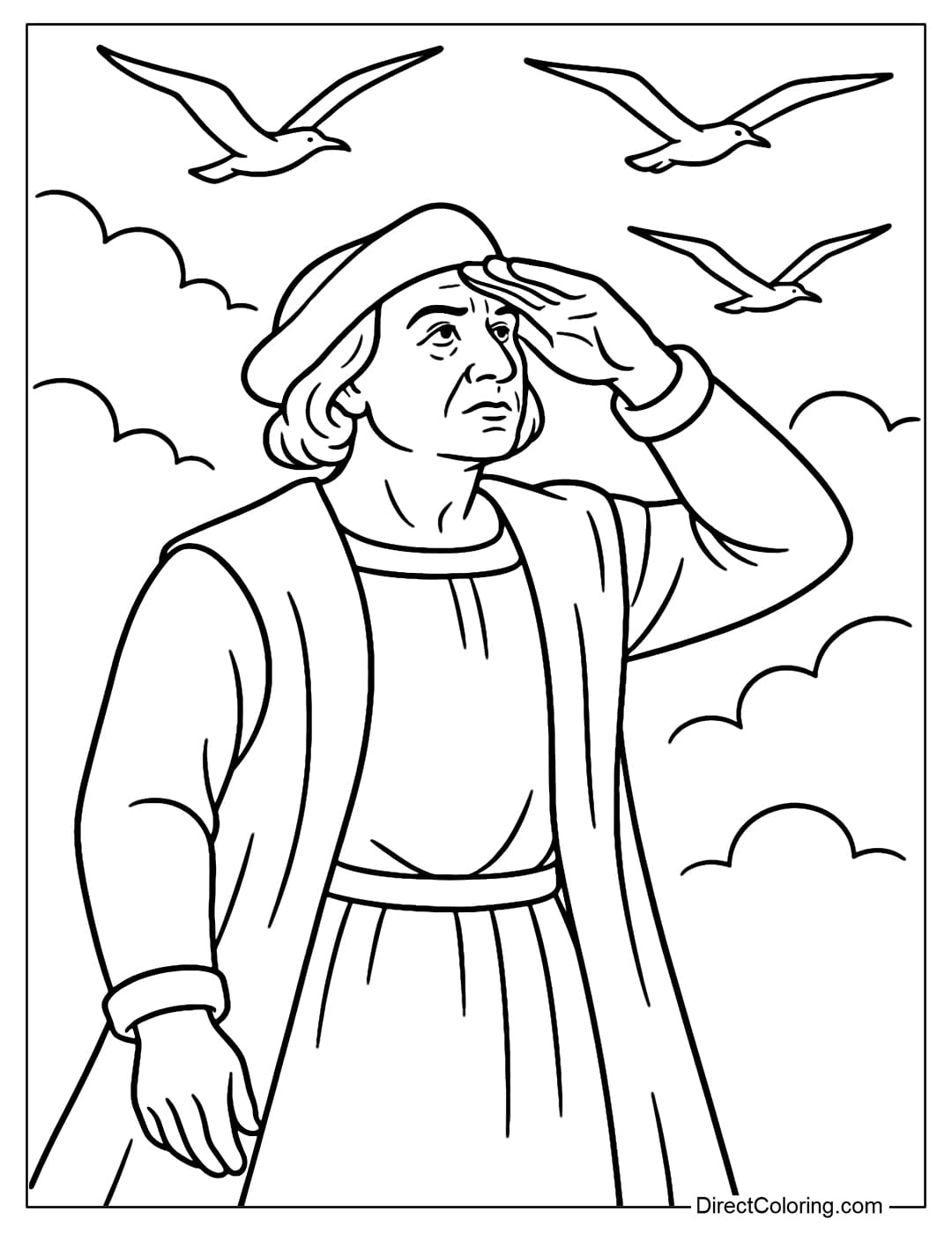 Coloring page Columbus stands looking at the sky with seagulls, signaling land is near.